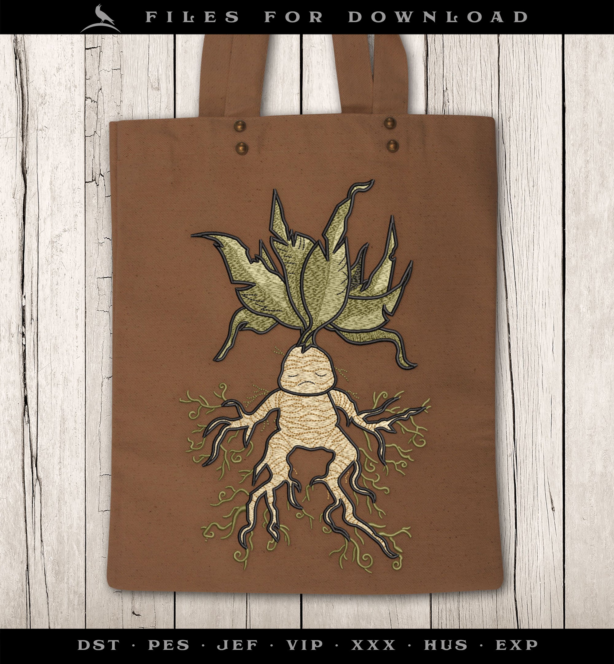 Machine Embroidery Files: Mandrake Root Art (7.8 Inches, Five Colors, Several Formats)