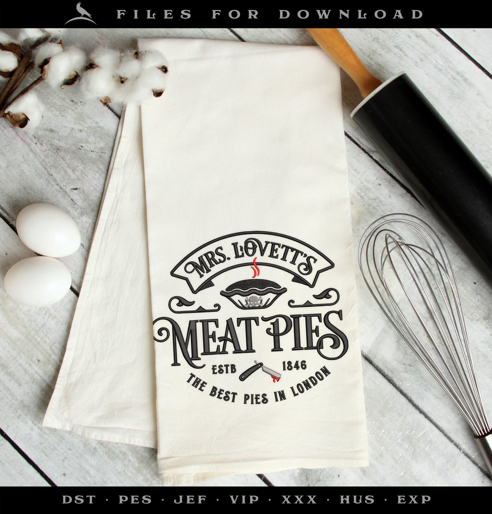 Machine Embroidery Files: "Mrs. Lovett's Meat Pies" Horror Humor (6.8 7.8, 11 Inches)