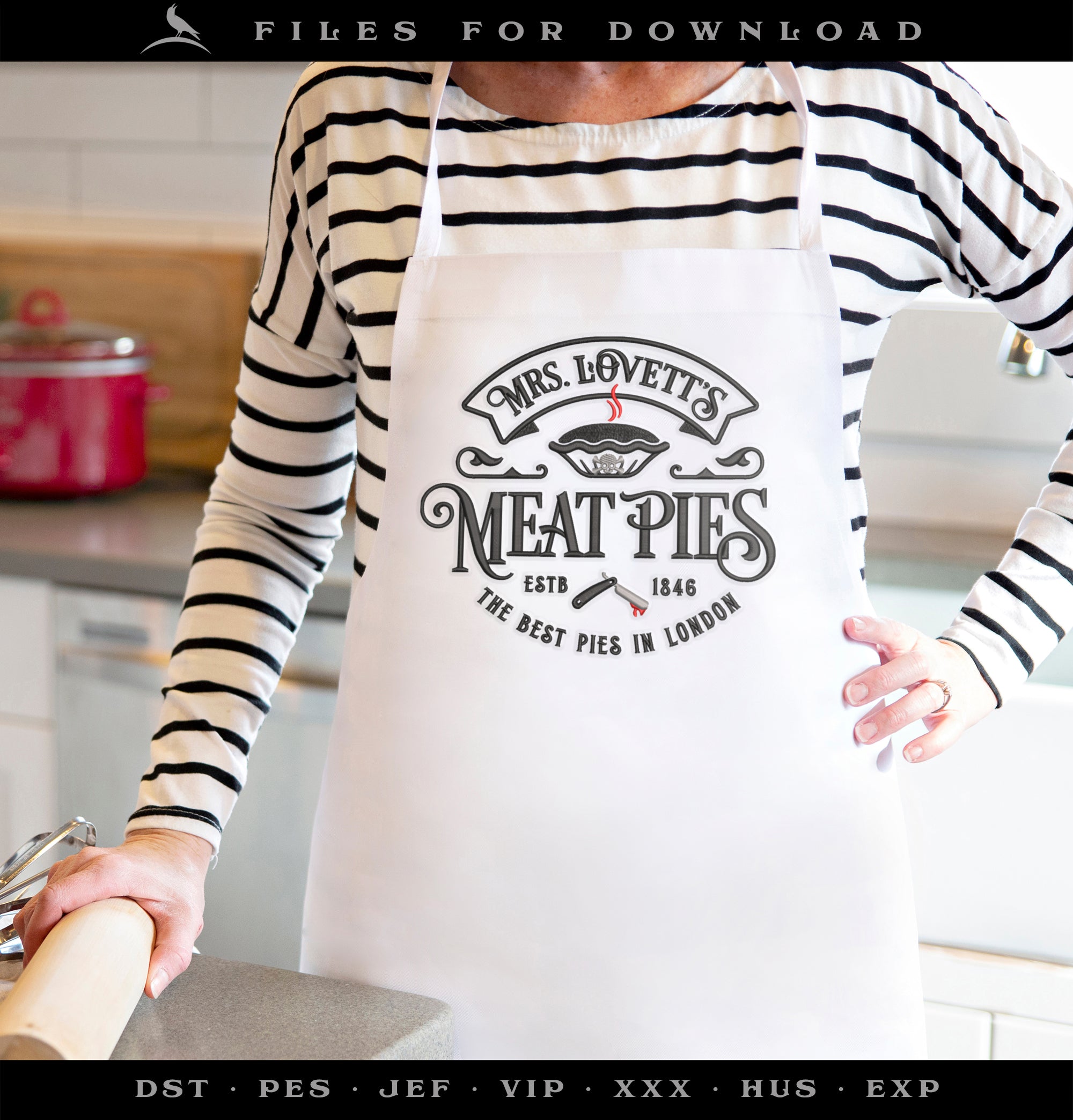Machine Embroidery Files: "Mrs. Lovett's Meat Pies" Horror Humor (6.8 7.8, 11 Inches)
