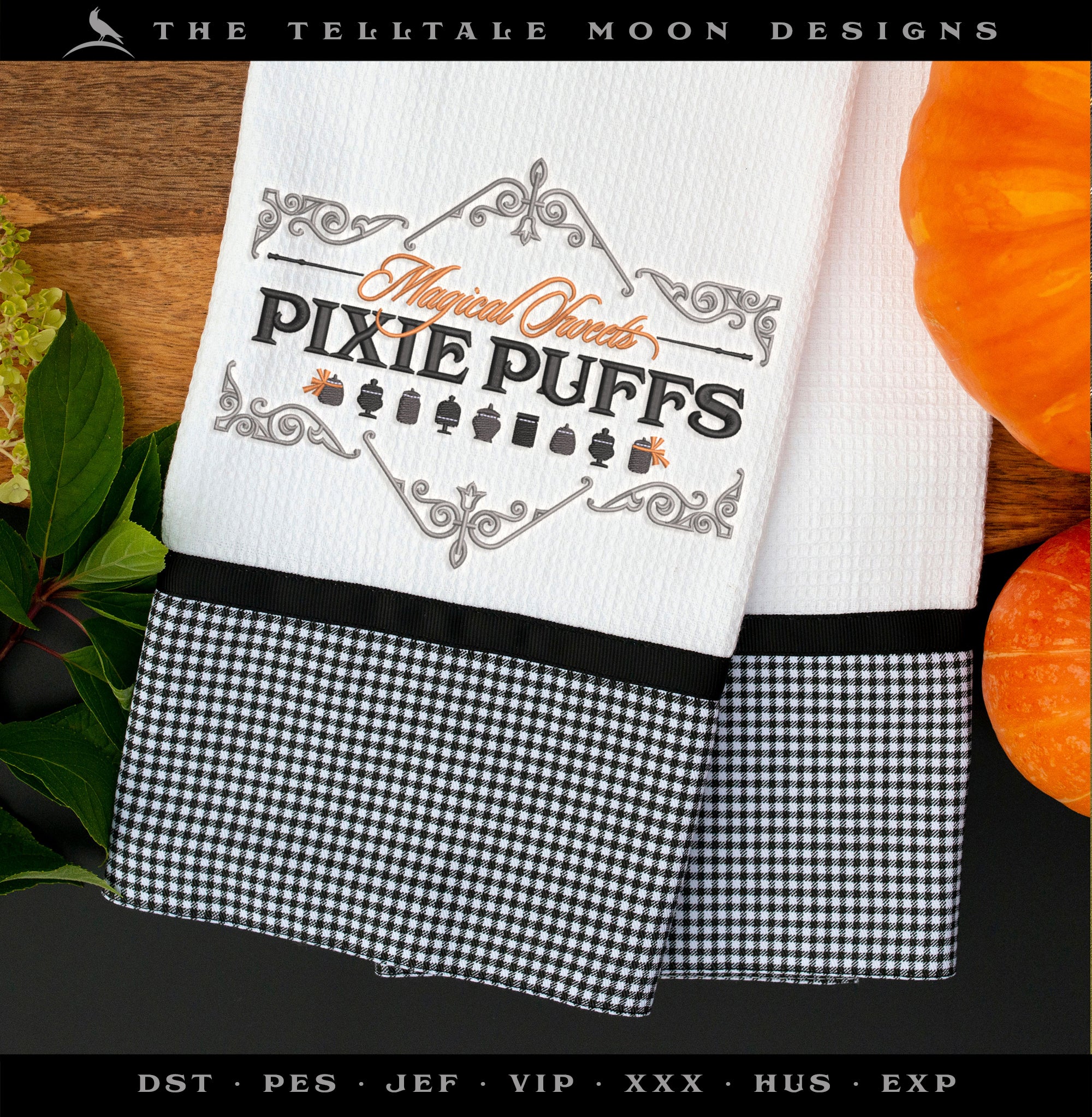 Machine Embroidery: Set of Six "Wizard Candy" Label-style Designs (6.5 and 7.5 Inches Wide, Five Thread Colors,)