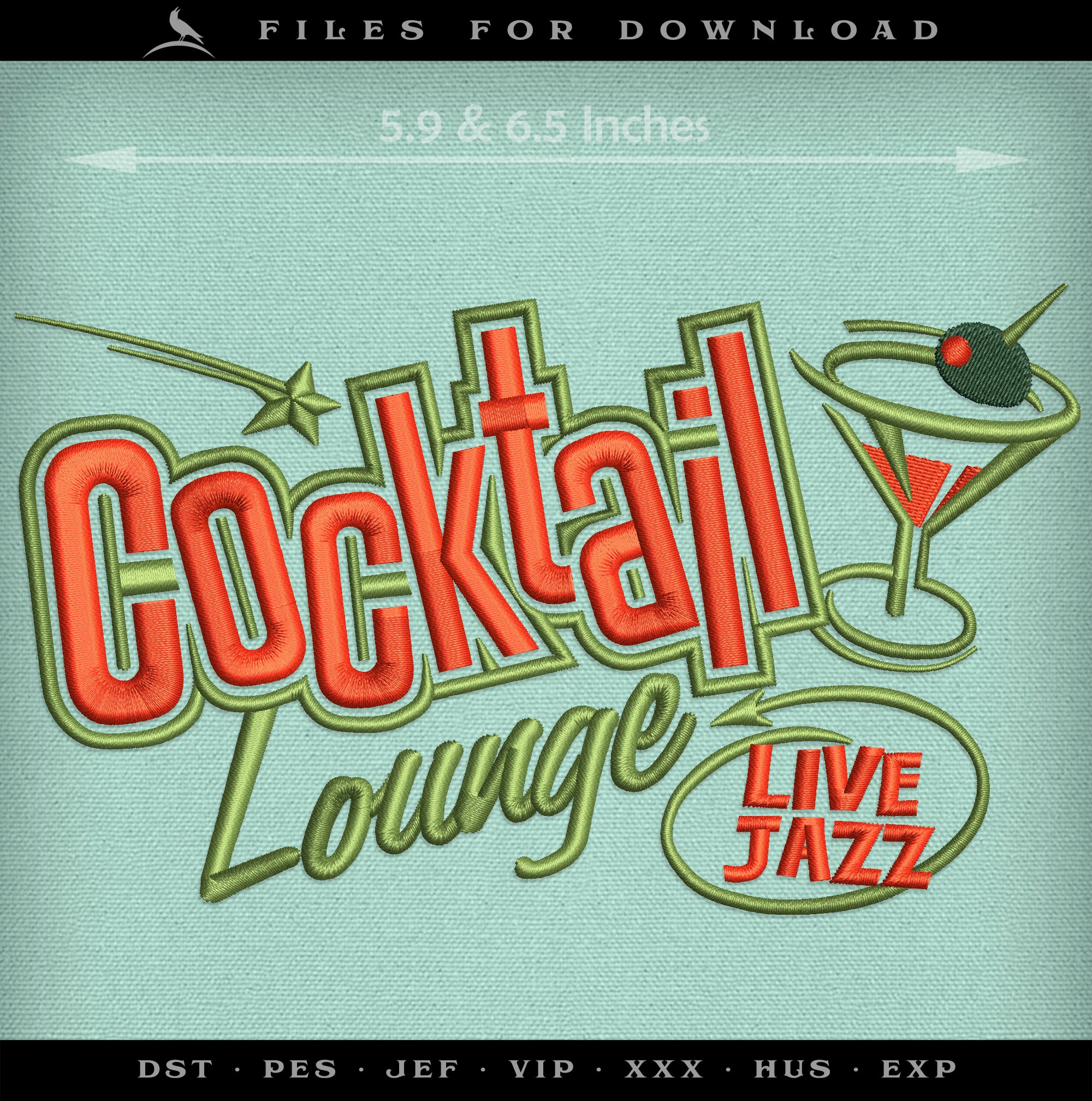 Embroidery: Retro Style "Cocktail Lounge" Design - 6 and 6.5 Inches Wide - Three Thread Colors