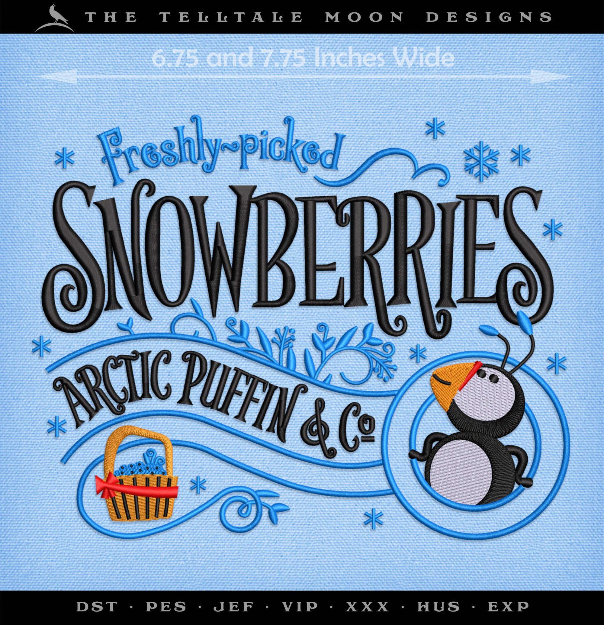 Machine Embroidery: "Arctic Puffin Snowberries" Design (5 Colors, 6.5 and 7.5 Inches Wide)