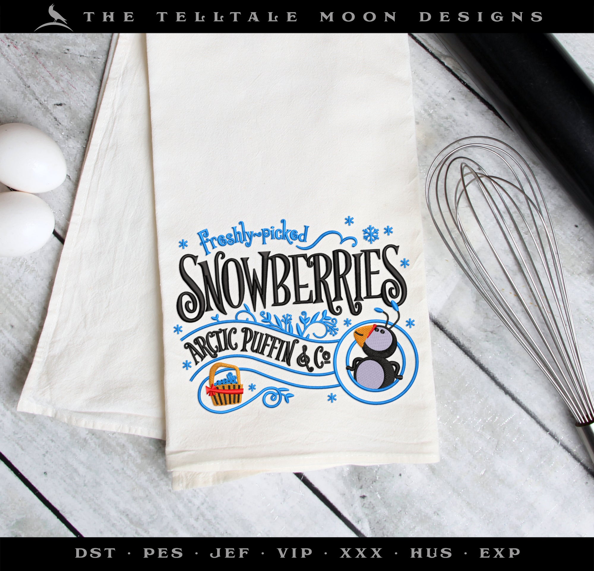 Machine Embroidery: "Arctic Puffin Snowberries" Design (5 Colors, 6.5 and 7.5 Inches Wide)