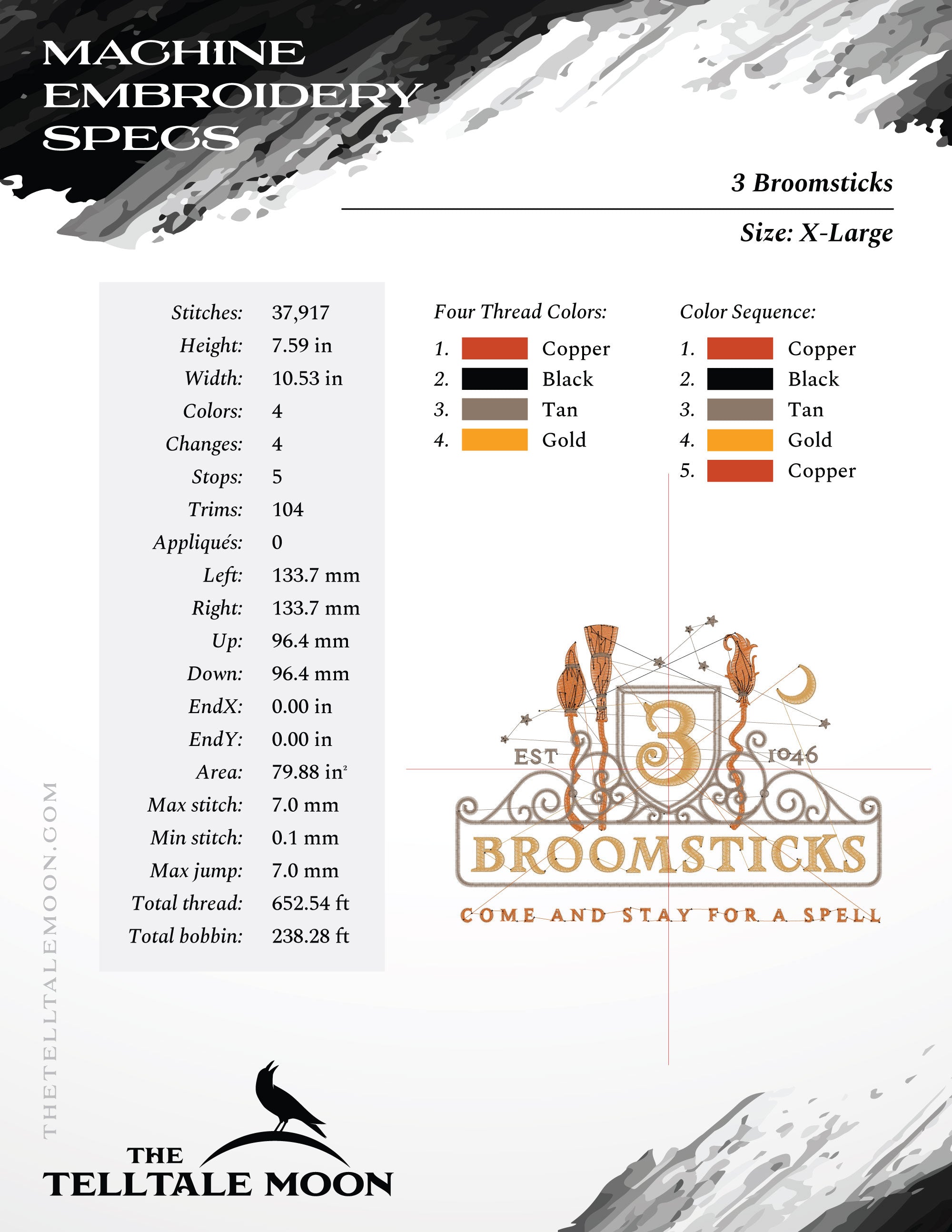 Embroidery Files: "3 Broomsticks" - 7, 8, and 10.5 Inches Wide - Four Thread Colors