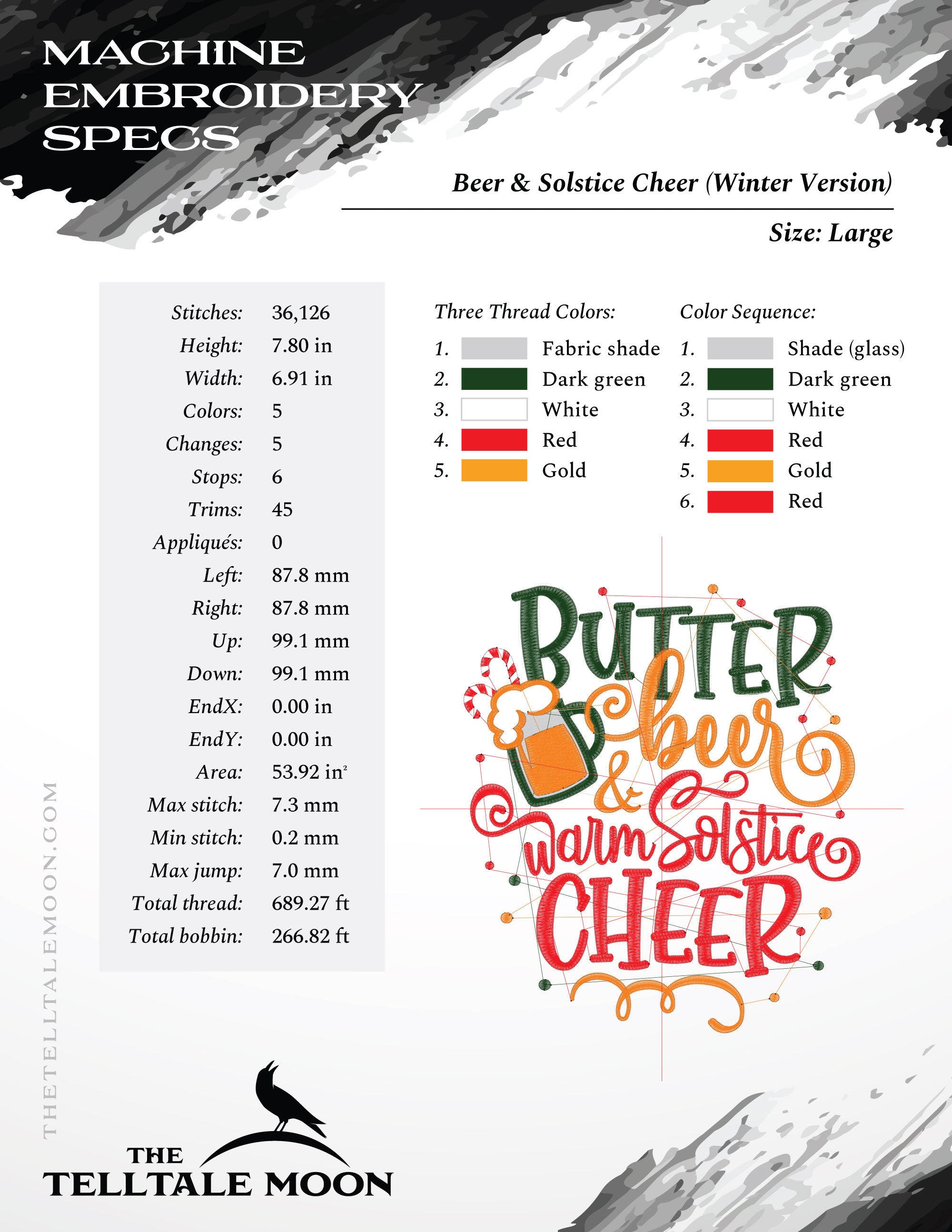 Embroidery: "Butter Beer & Warm Solstice Cheer" - 5, 6, 7, 8, and 10.5 Inches Tall