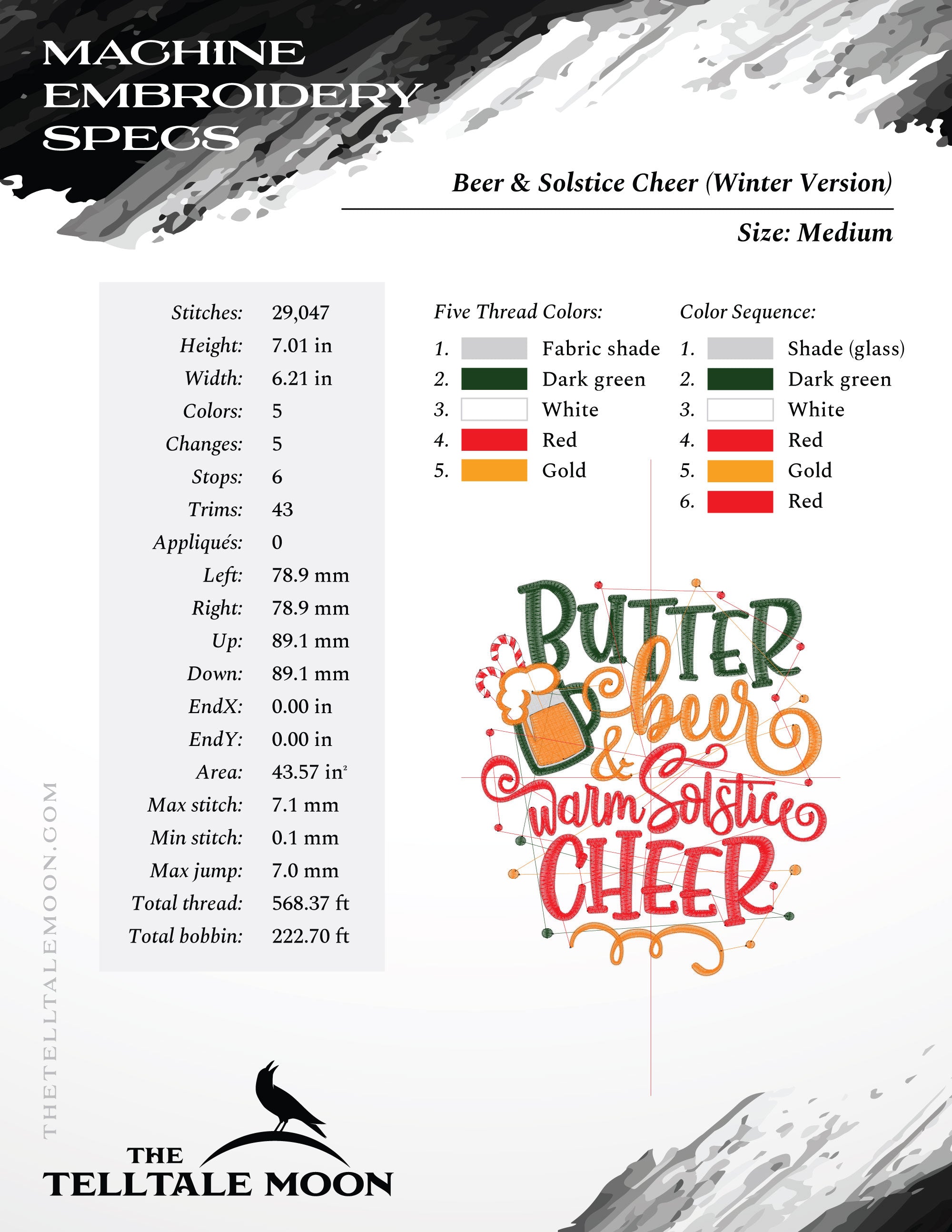 Embroidery: "Butter Beer & Warm Solstice Cheer" - 5, 6, 7, 8, and 10.5 Inches Tall