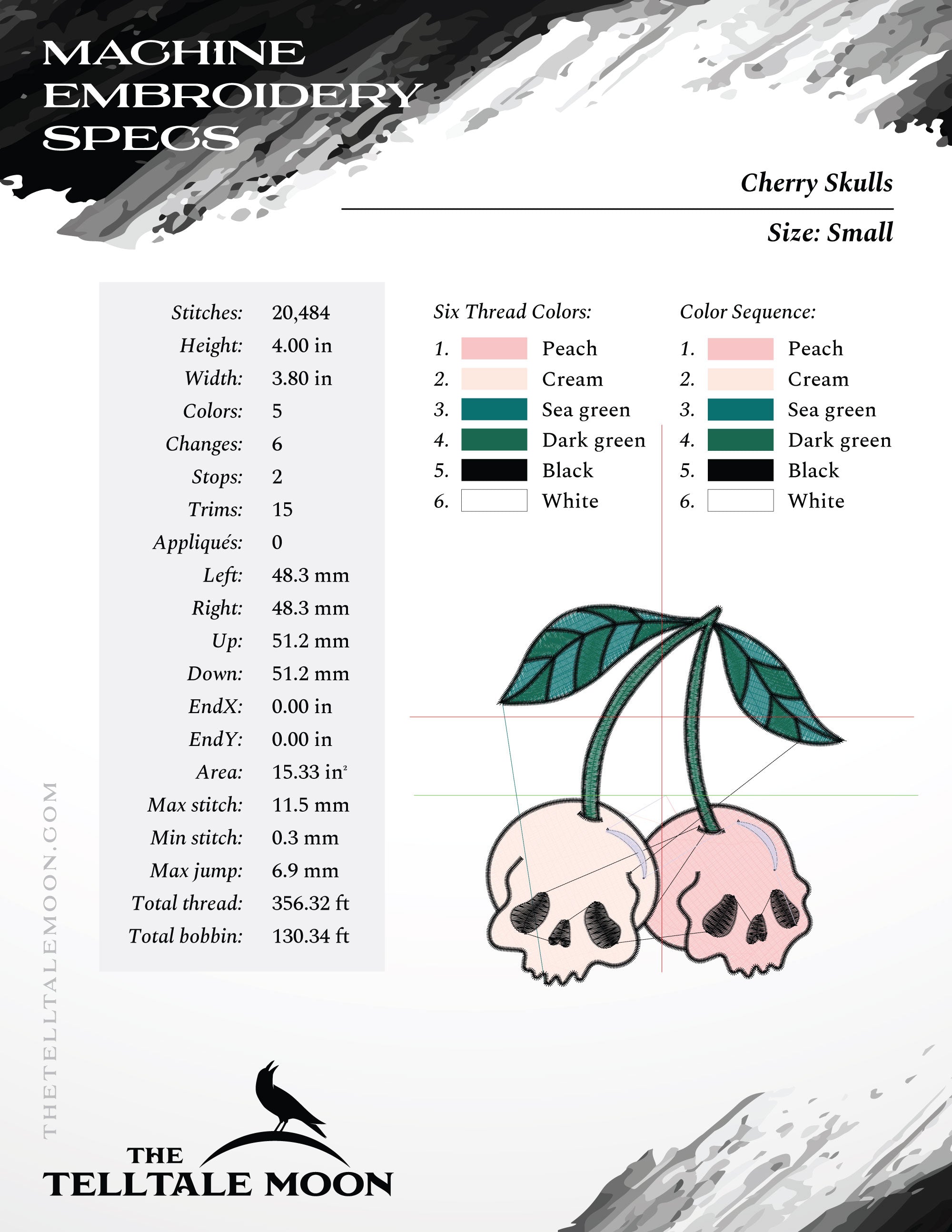 Machine Embroidery Files: Creepy Cute Cherry Skulls (4 Inches Tall)