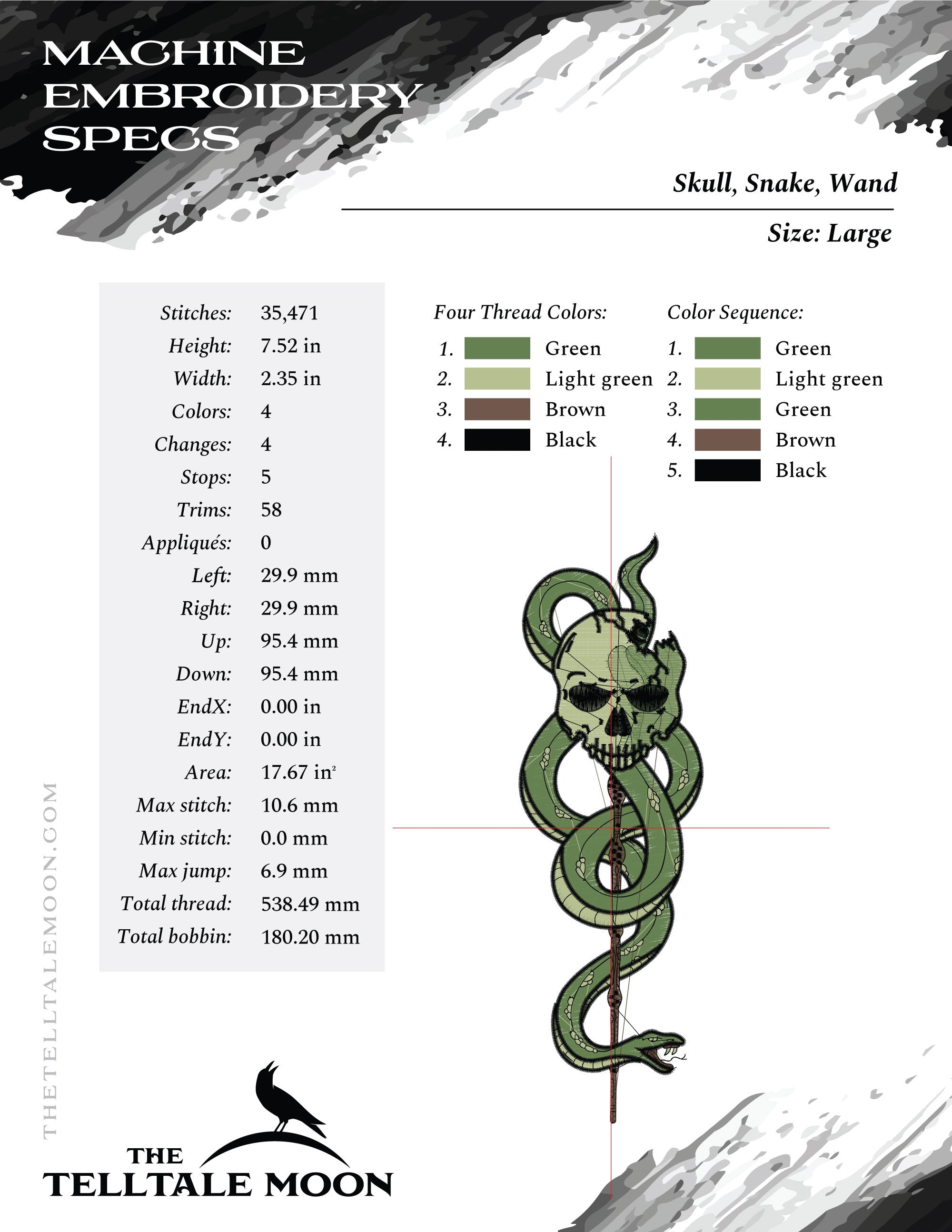 Machine Embroidery Files: Dark Mark Skull with Snake and Wand (6.9 and 7.5 Inches, 4 Thread Colors)