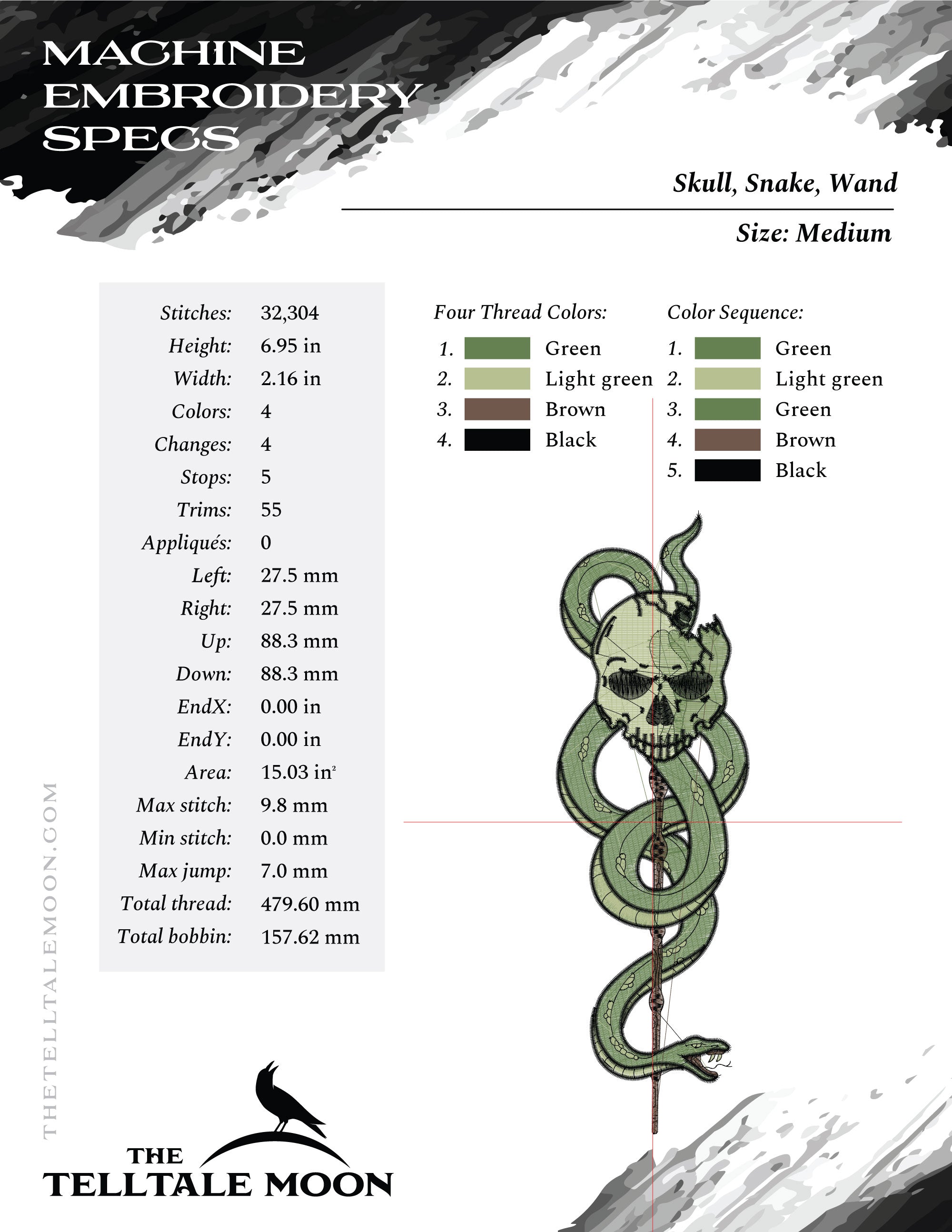 Machine Embroidery Files: Dark Mark Skull with Snake and Wand (6.9 and 7.5 Inches, 4 Thread Colors)