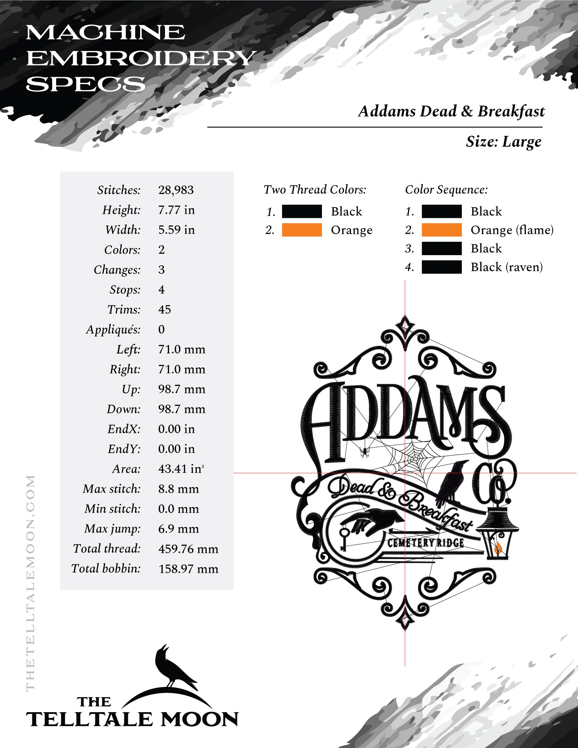 Embroidery: "Dead and Breakfast" Vintage Addams-themed Design, 7.7 Inches