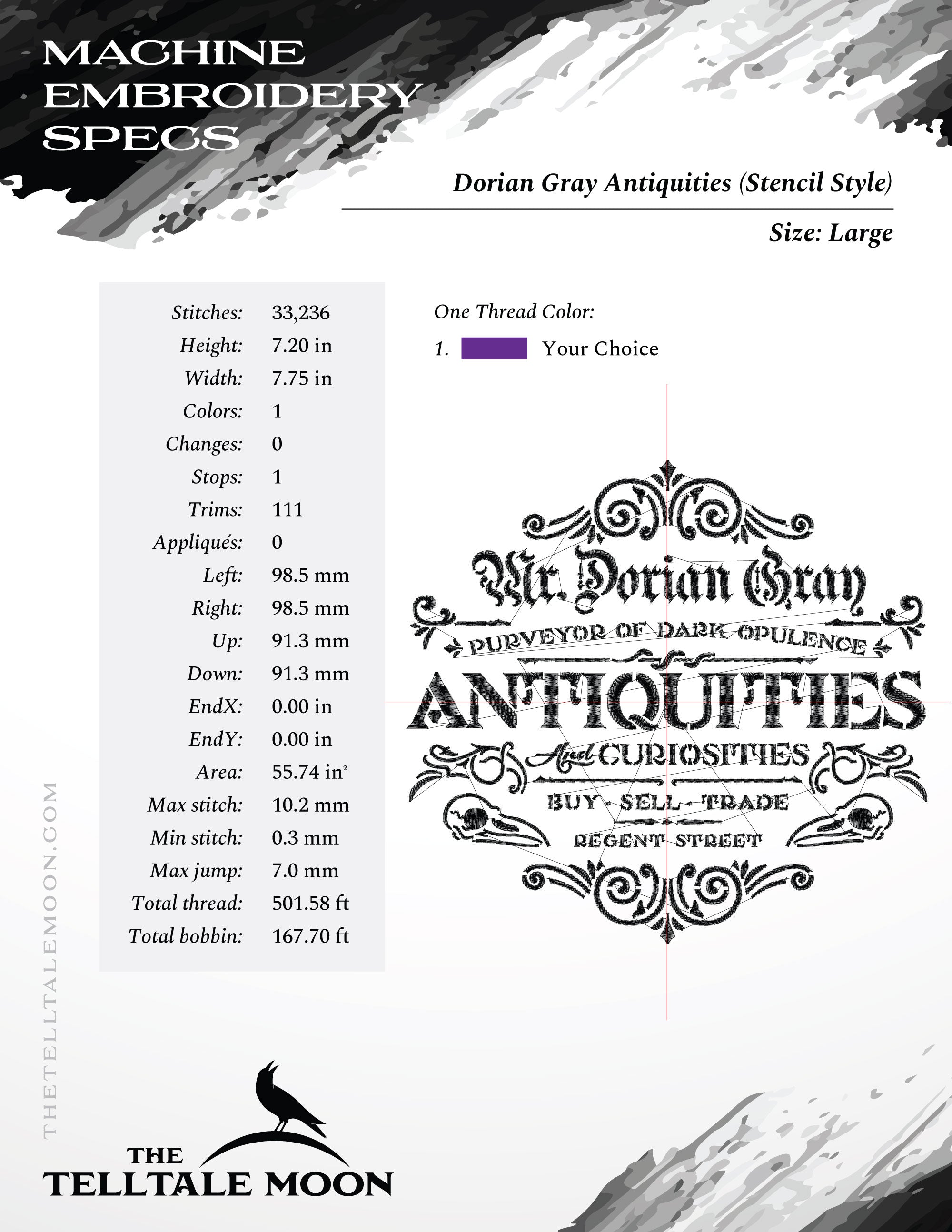 Embroidery: "Dorian Gray Antiquities" Vintage Stencil Style Design - Three Versions in 7, 7.75, and 9 Inches Wide