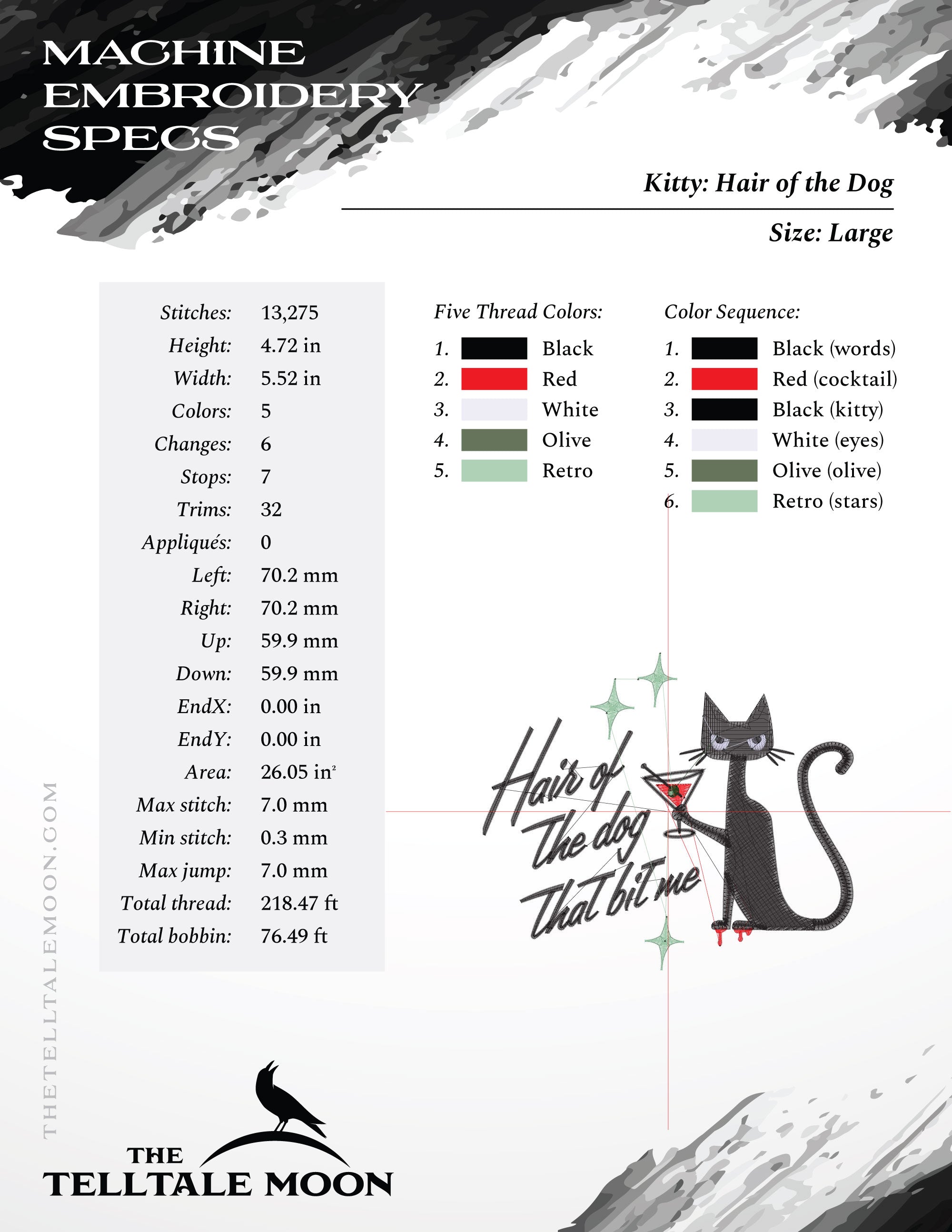 Embroidery Files: "Hair of the Dog" Kitty - 3.5, 4.5, 5.5, and 6.5 Inches Wide