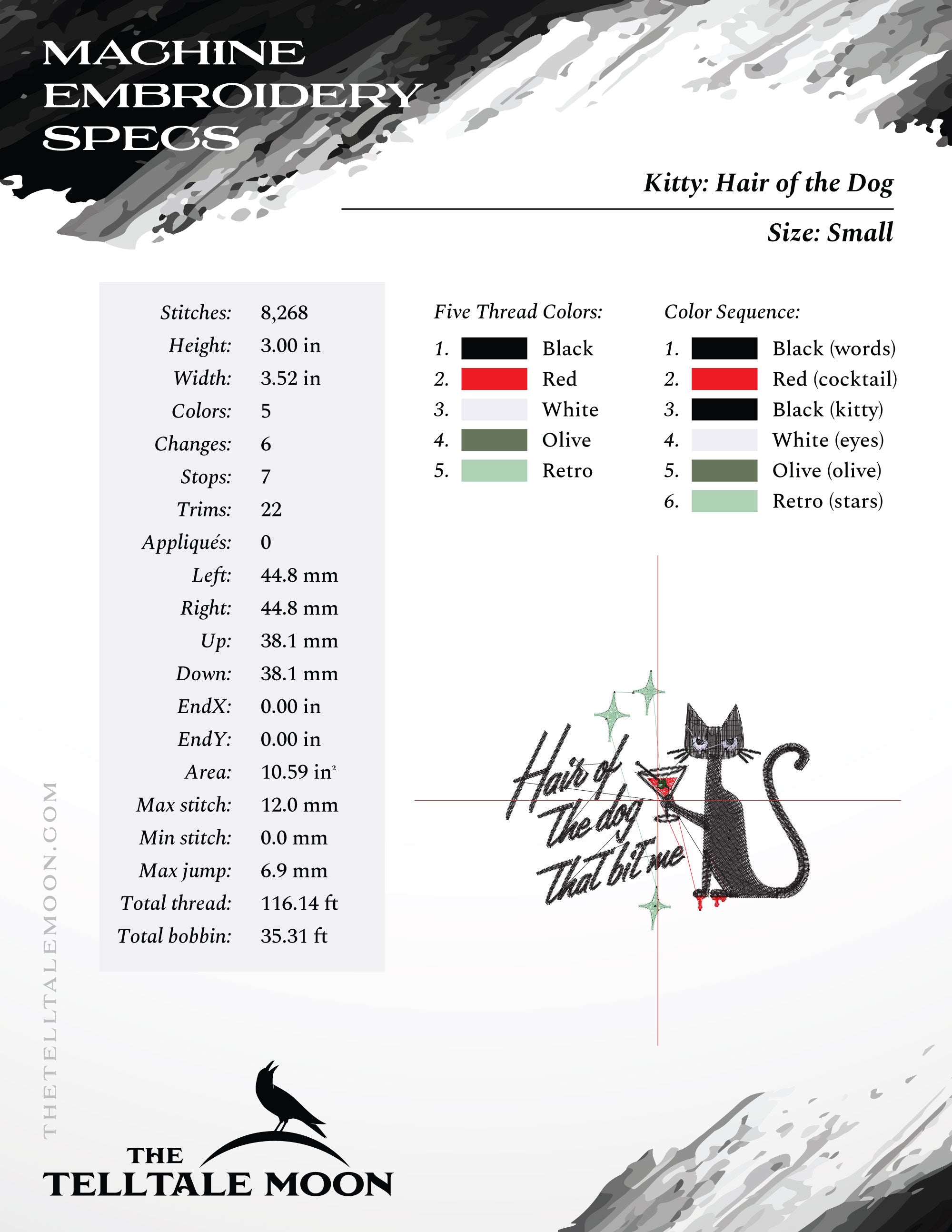 Embroidery Files: "Hair of the Dog" Kitty - 3.5, 4.5, 5.5, and 6.5 Inches Wide