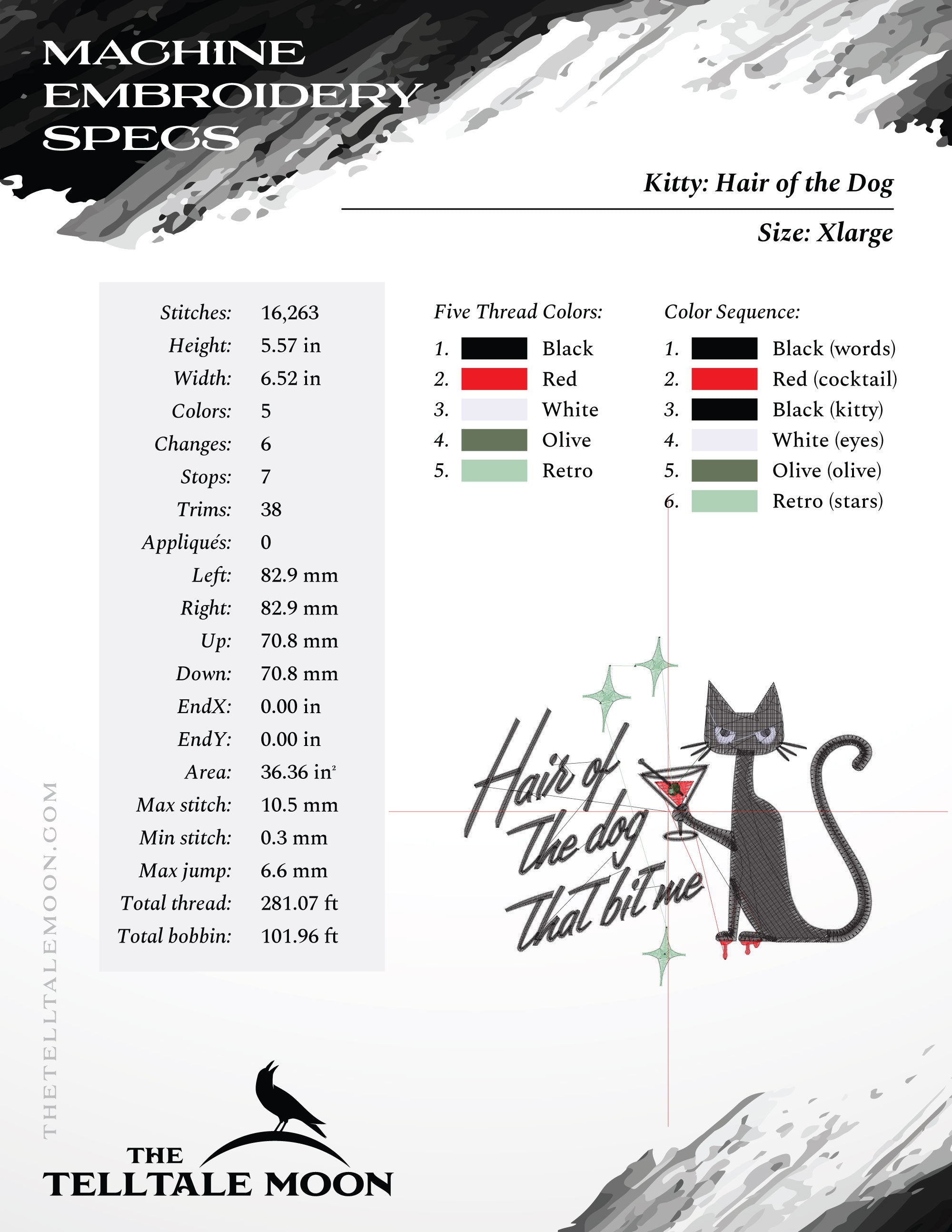 Embroidery Files: "Hair of the Dog" Kitty - 3.5, 4.5, 5.5, and 6.5 Inches Wide