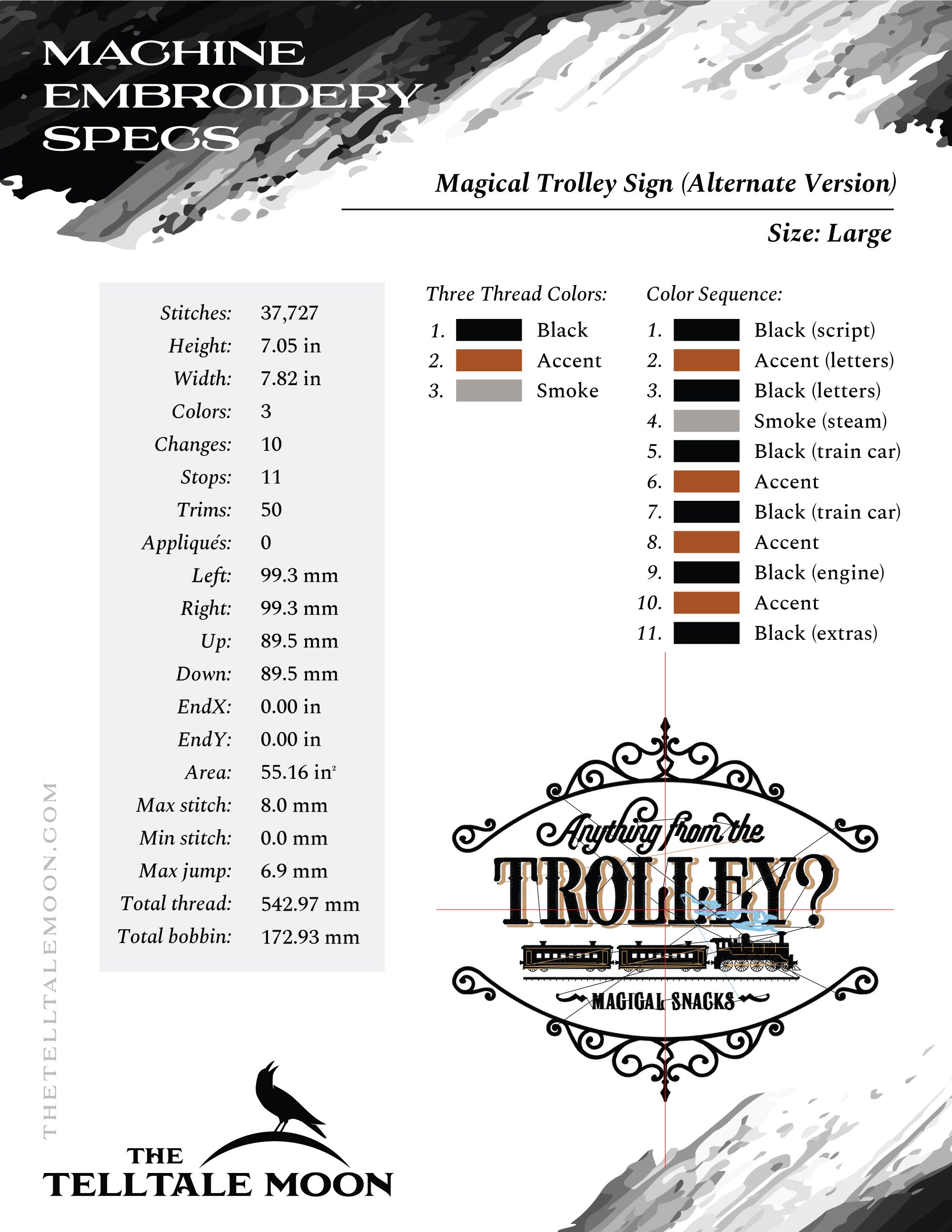 Machine Embroidery Files: "Magical Trolley Cart" Sign (Up to 7.8 Inches, 3 Thread Colors)