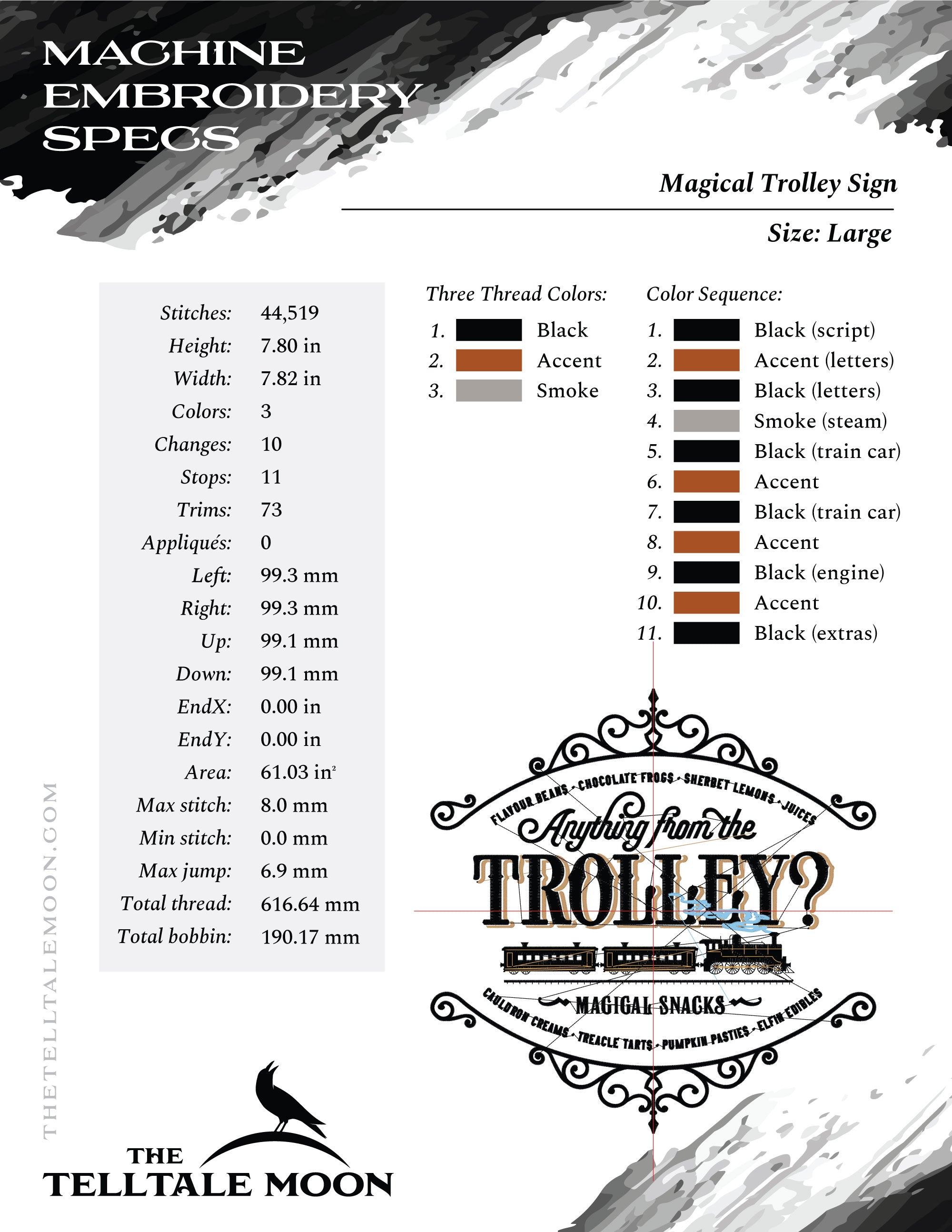 Machine Embroidery Files: "Magical Trolley Cart" Sign (Up to 7.8 Inches, 3 Thread Colors)