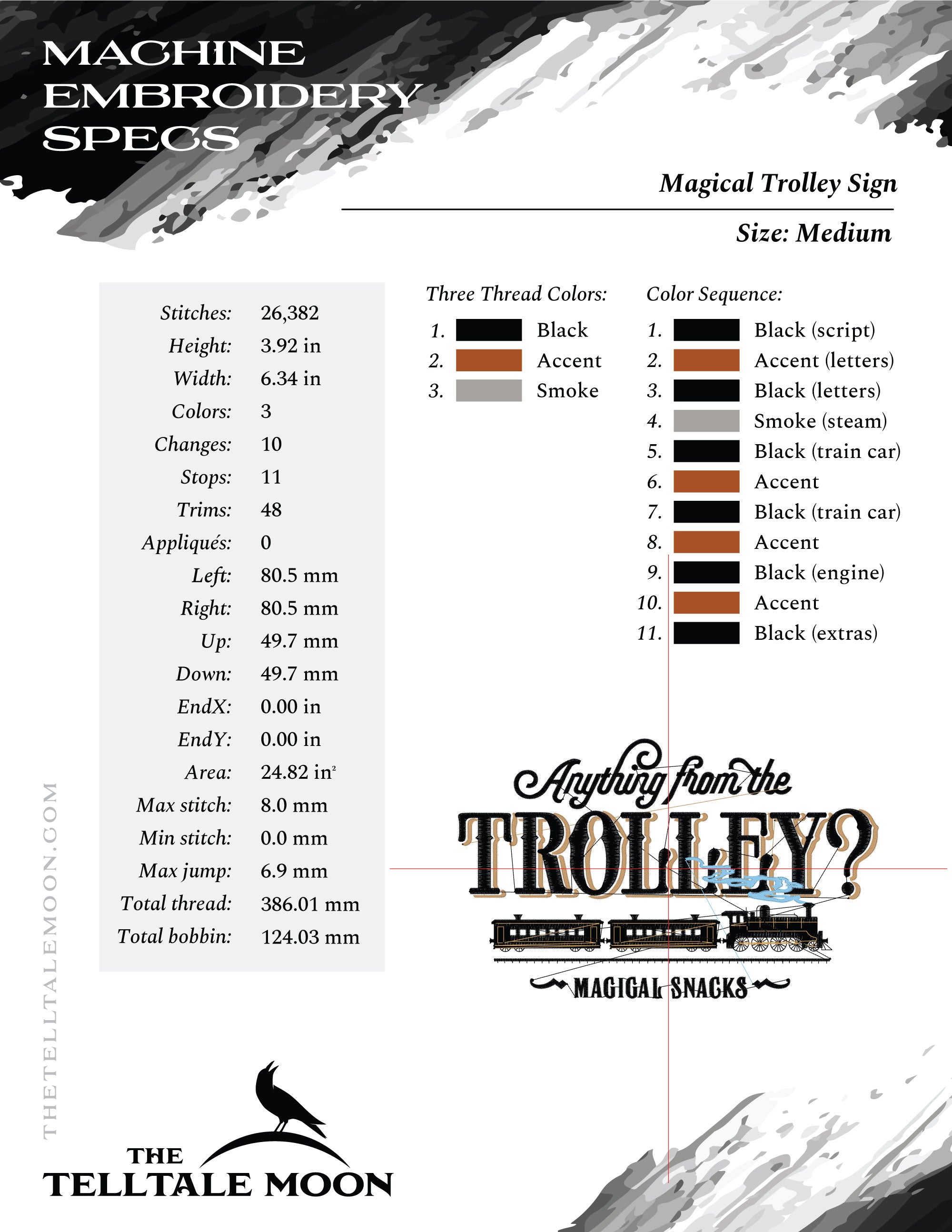 Machine Embroidery Files: "Magical Trolley Cart" Sign (Up to 7.8 Inches, 3 Thread Colors)