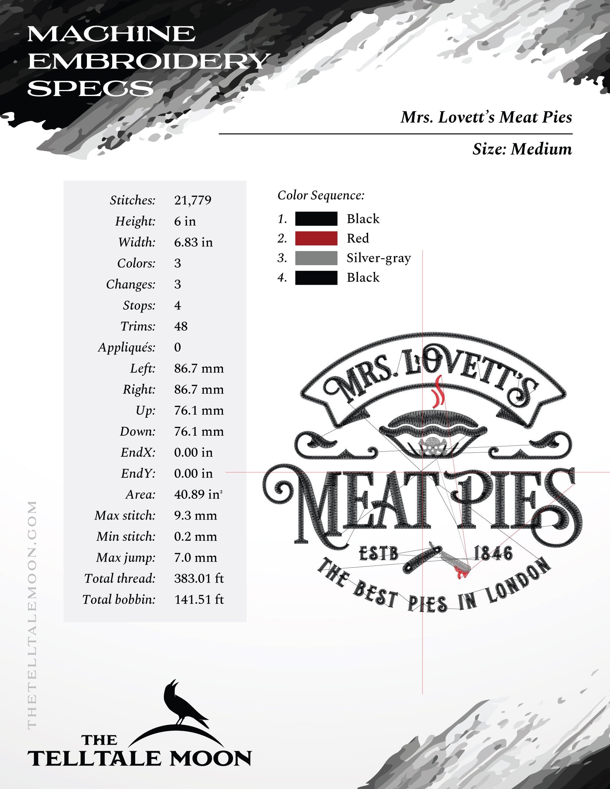 Machine Embroidery Files: "Mrs. Lovett's Meat Pies" Horror Humor (6.8 7.8, 11 Inches)