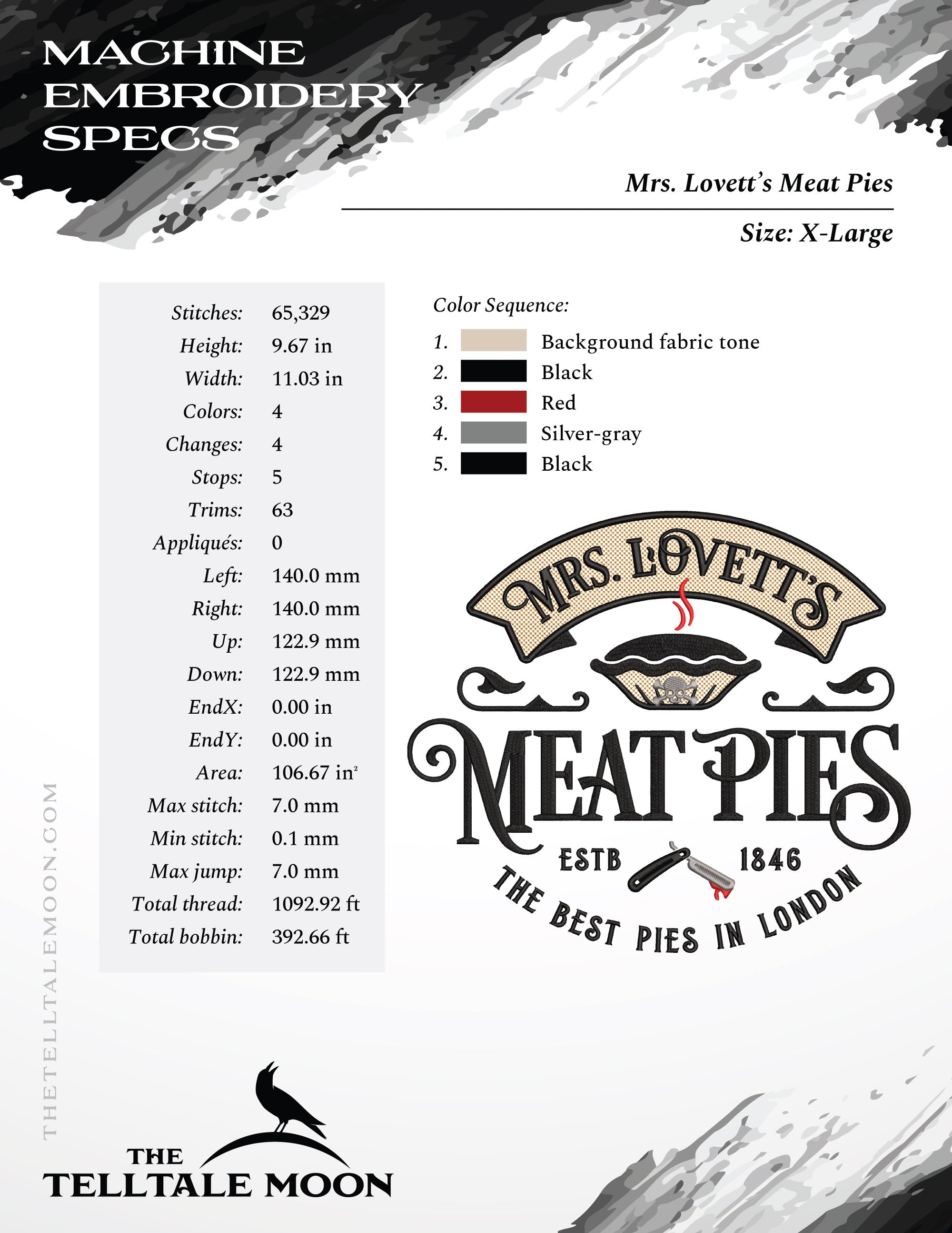 Machine Embroidery Files: "Mrs. Lovett's Meat Pies" Horror Humor (6.8 7.8, 11 Inches)