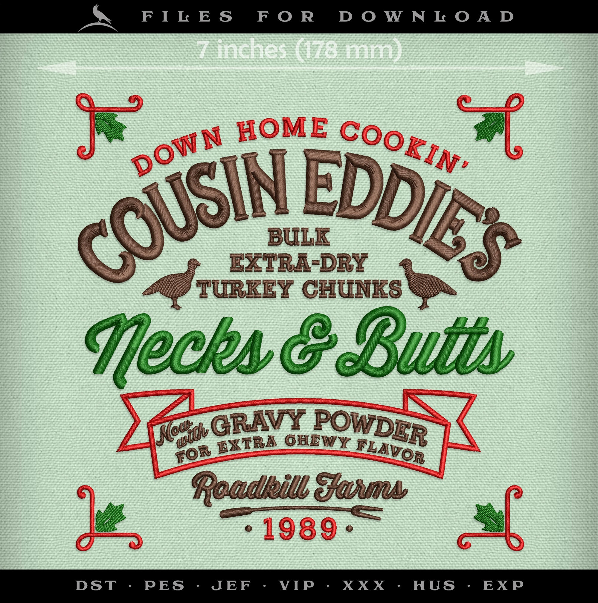 Embroidery Files: "Cousin Eddie's Necks & Butts" Humor - 7, 7.75, and 11 Inches - Three Thread Colors
