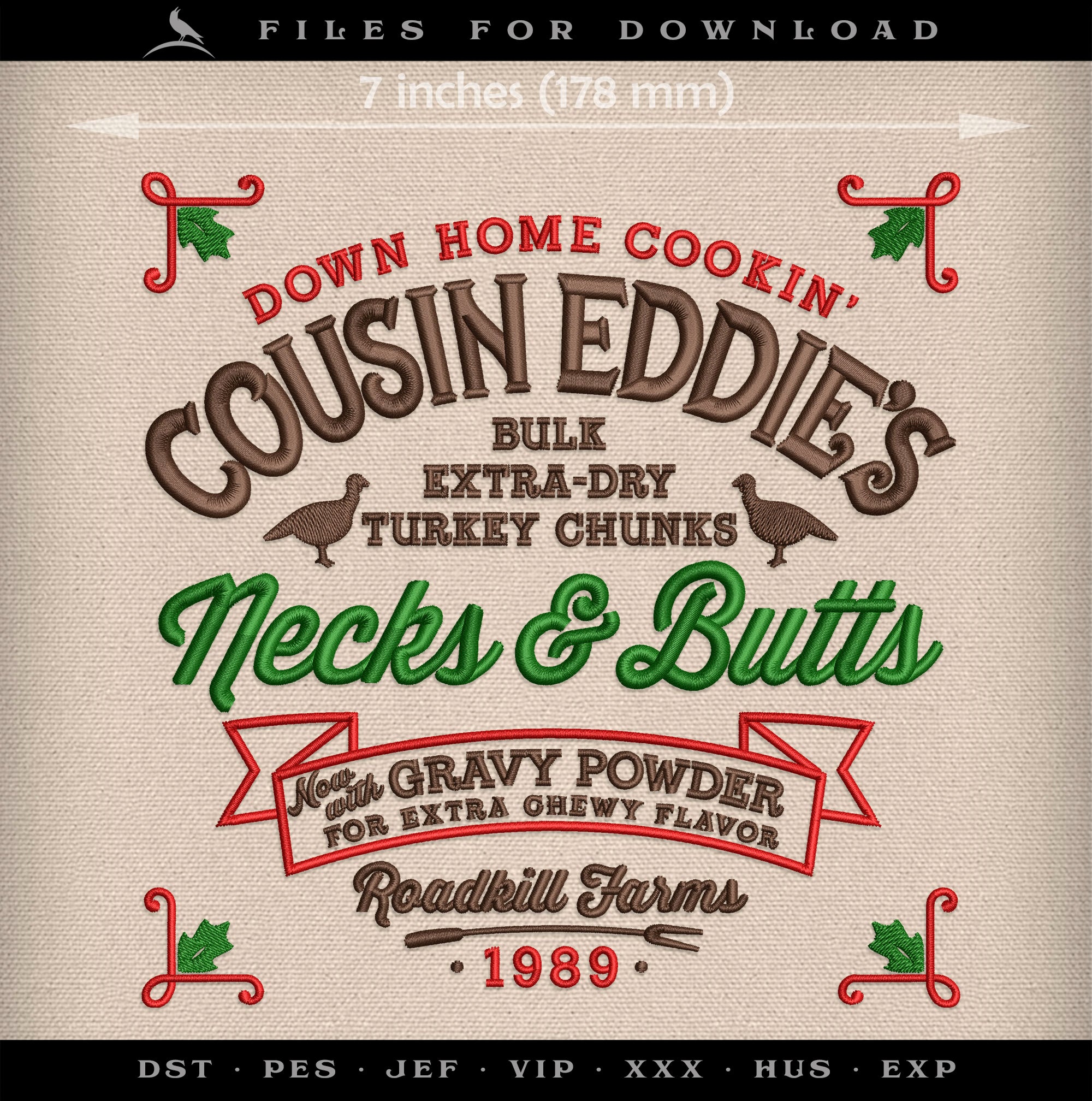Embroidery Files: "Cousin Eddie's Necks & Butts" Humor - 7, 7.75, and 11 Inches - Three Thread Colors