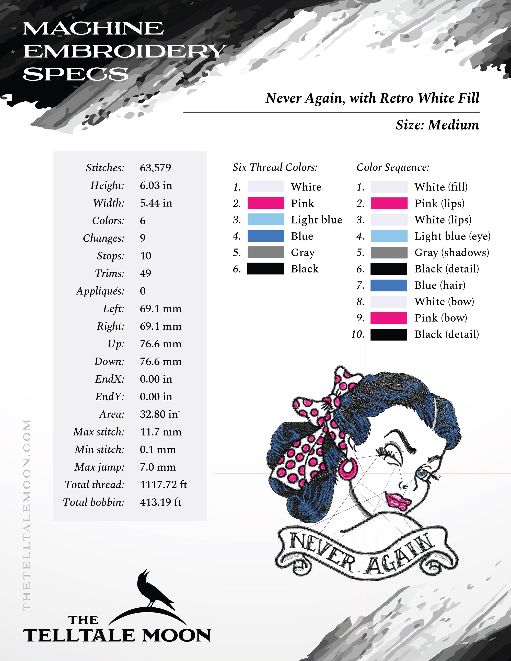 Machine Embroidery: Sassy 1950s Girl - 6 Inches - 6 Thread Colors