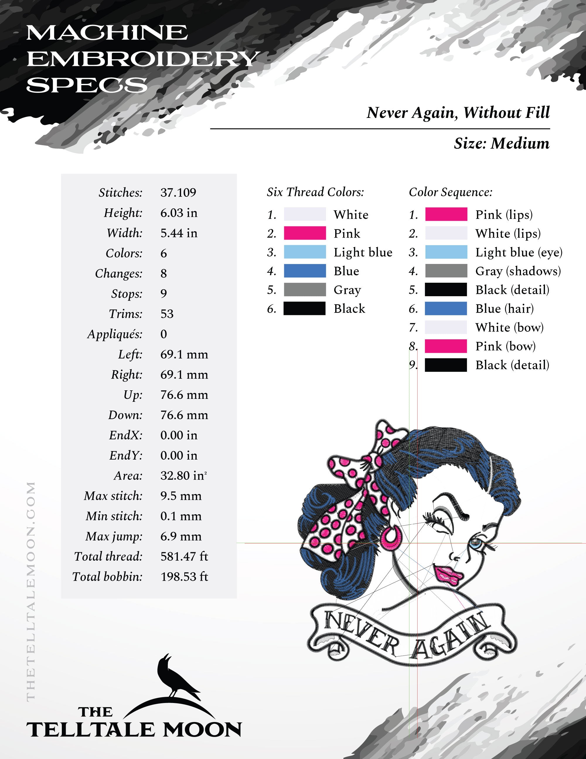 Machine Embroidery: Sassy 1950s Girl - 6 Inches - 6 Thread Colors