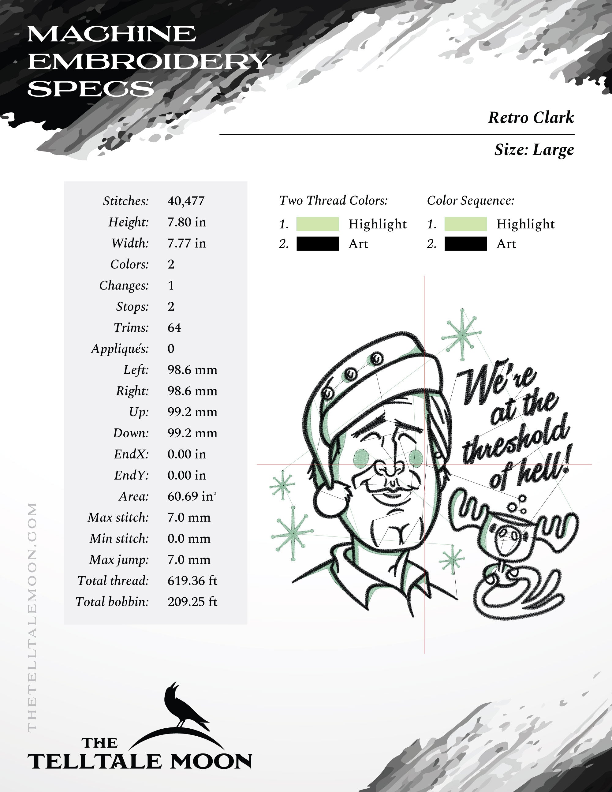 Machine Embroidery: Retro Clark Design (5, 6.75, and 7.8 Inches, Two Colors)