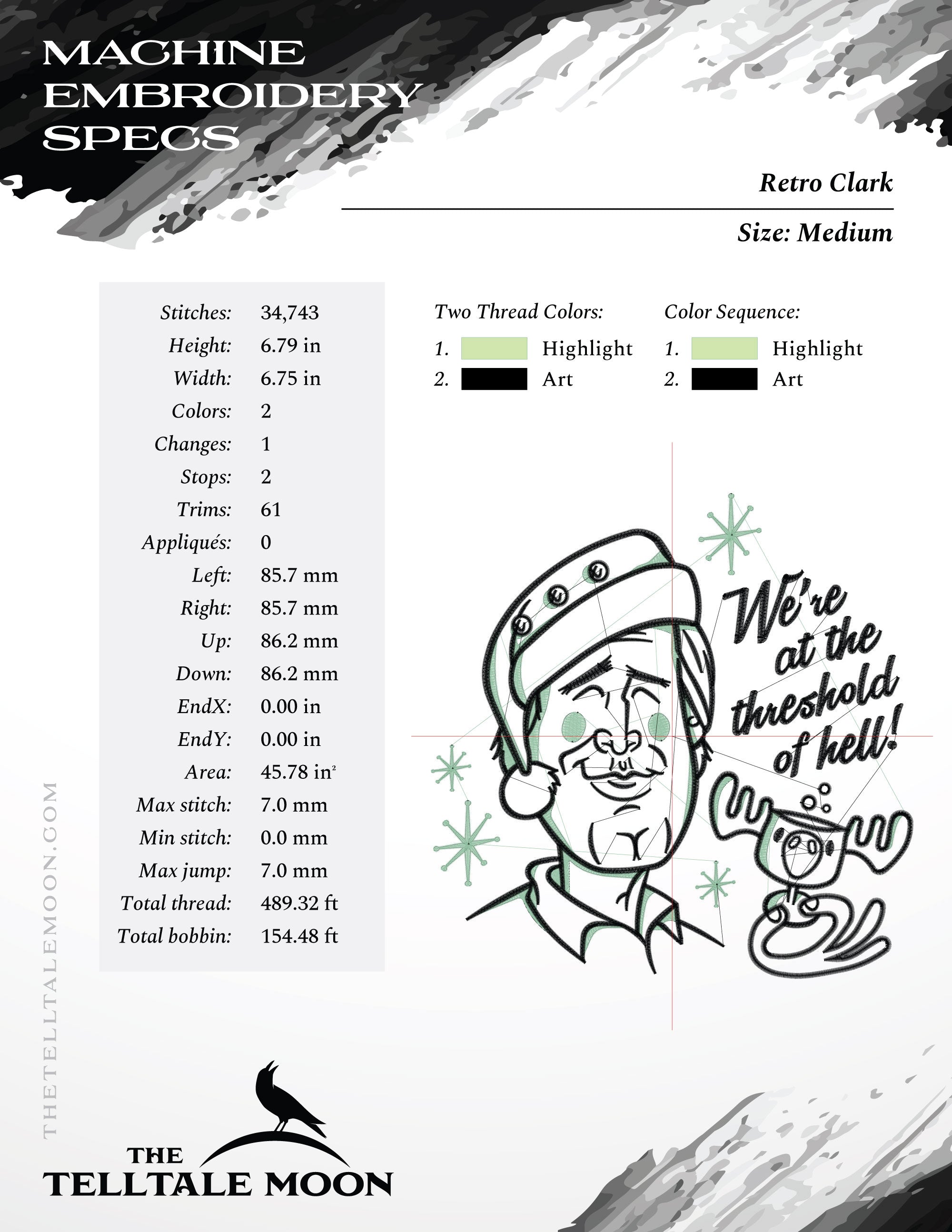 Machine Embroidery: Retro Clark Design (5, 6.75, and 7.8 Inches, Two Colors)