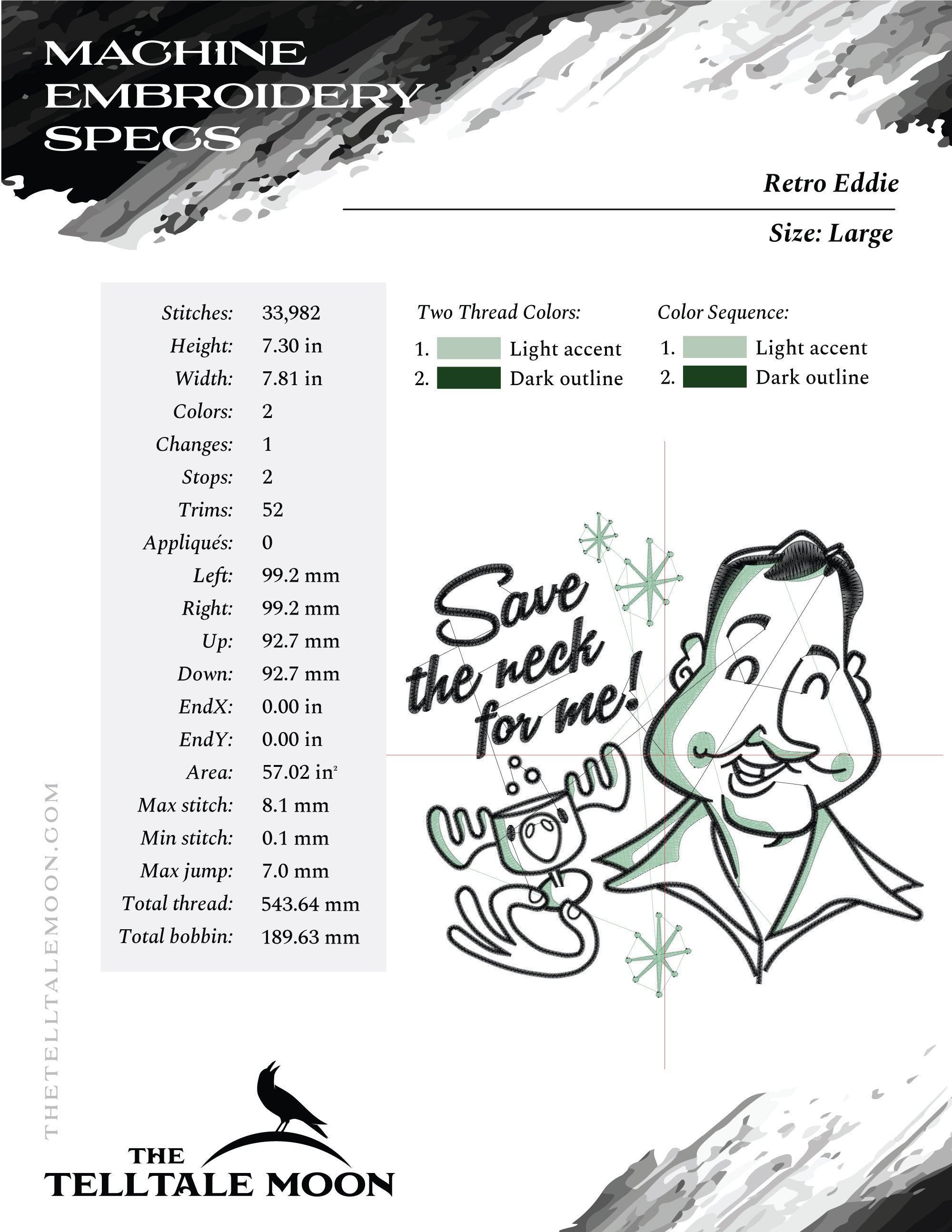 Machine Embroidery: Retro Eddie Design (5, 6.5, and 7.8 Inches, Two Colors)