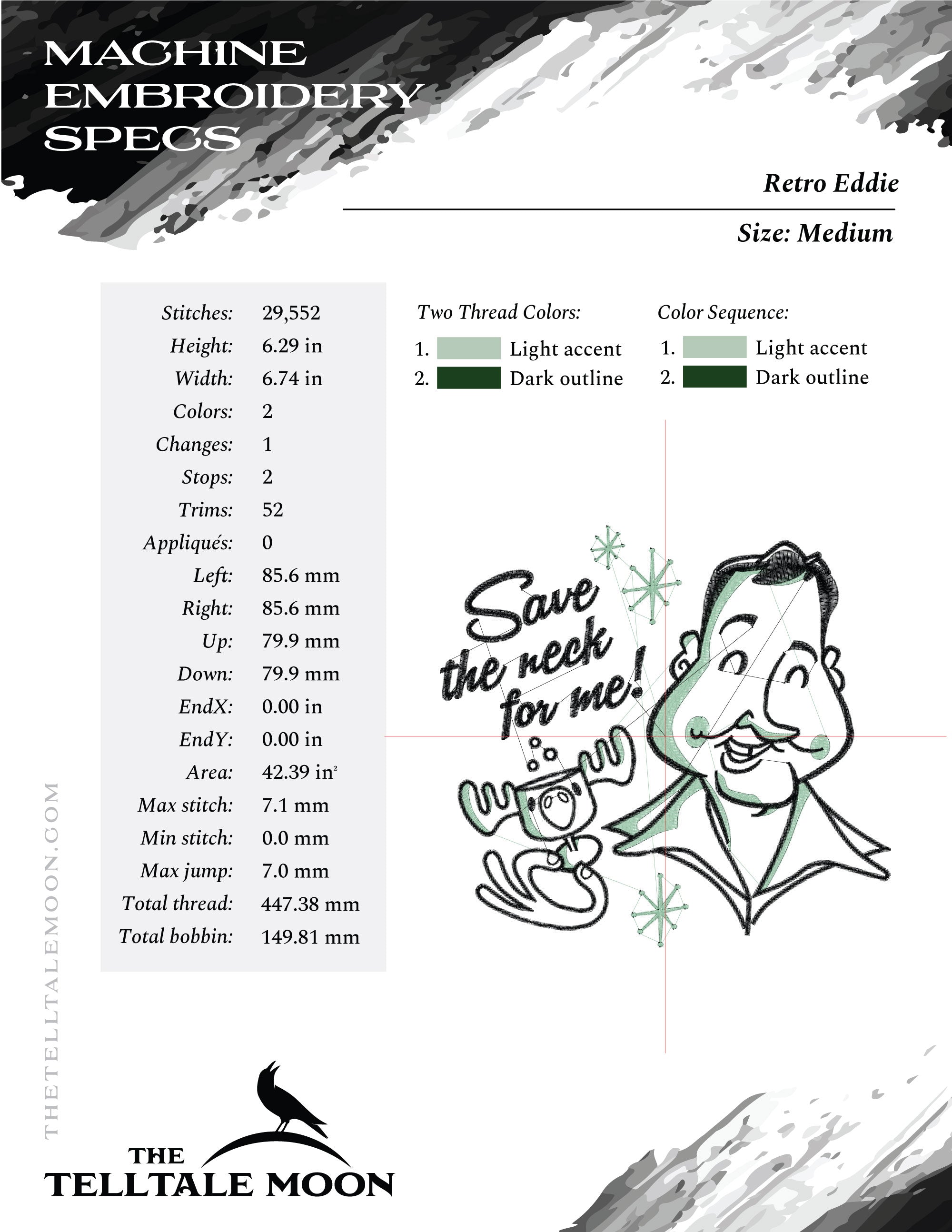 Machine Embroidery: Retro Eddie Design (5, 6.5, and 7.8 Inches, Two Colors)