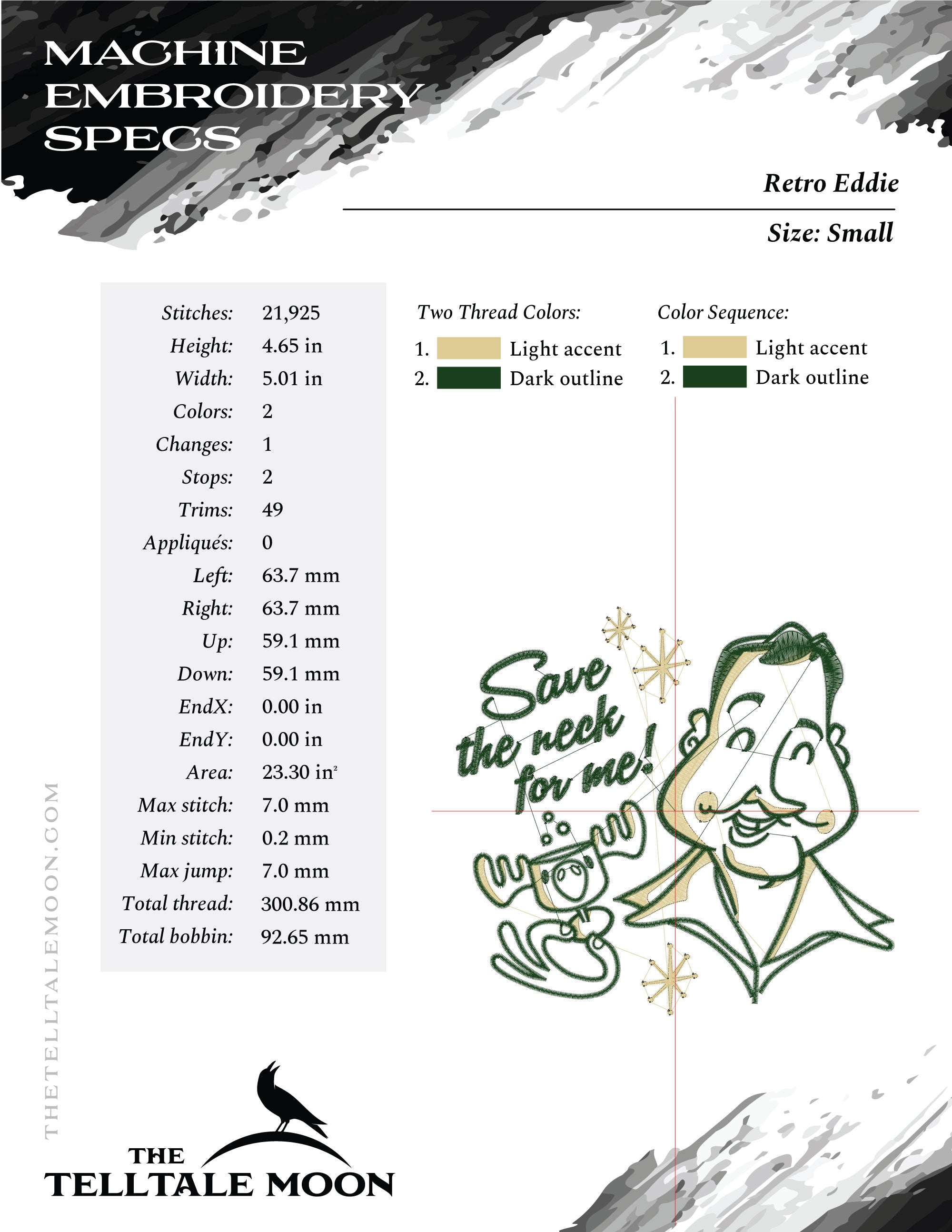 Machine Embroidery: Retro Eddie Design (5, 6.5, and 7.8 Inches, Two Colors)