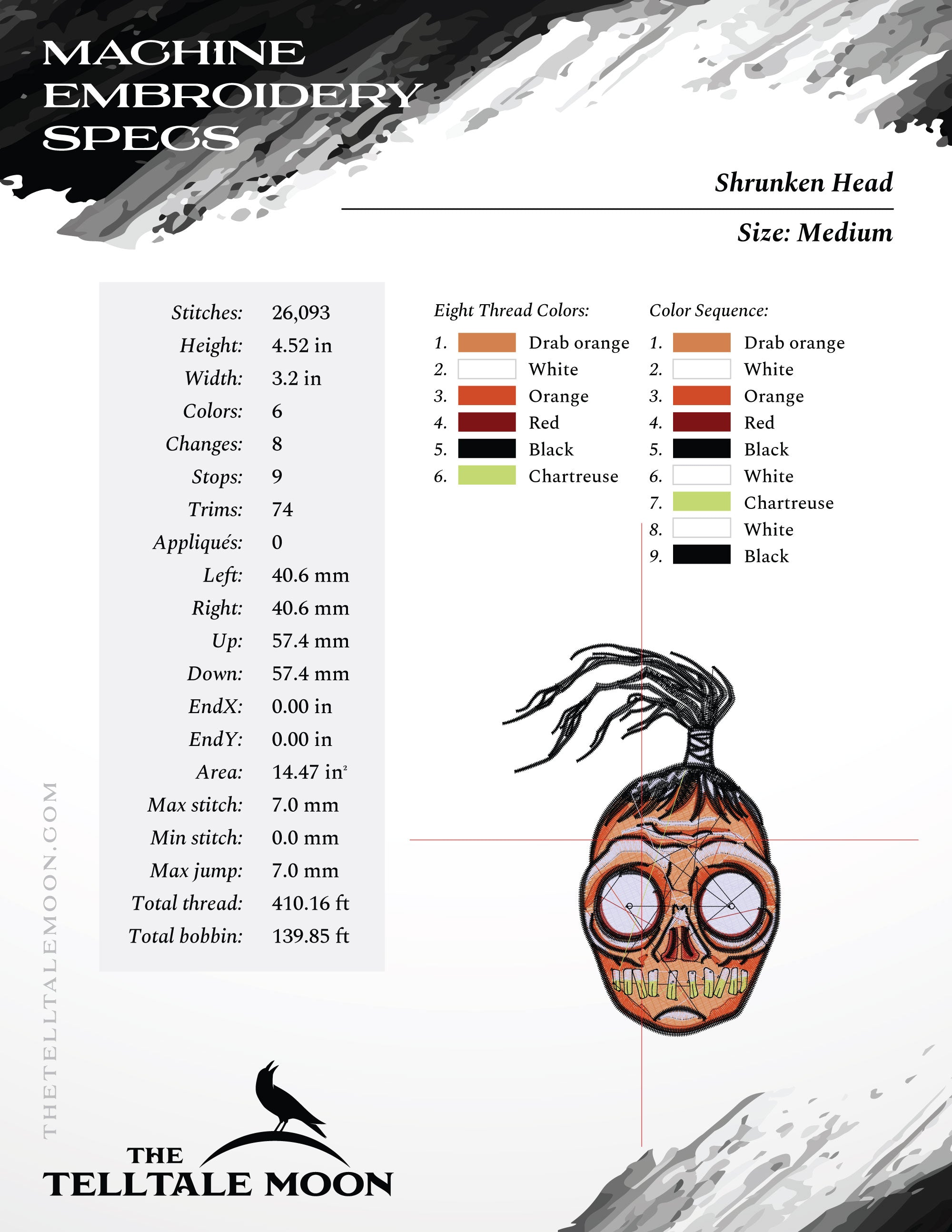 Machine Embroidery: "Shrunken Head" From the Afterlife Waiting Room, Three Sizes