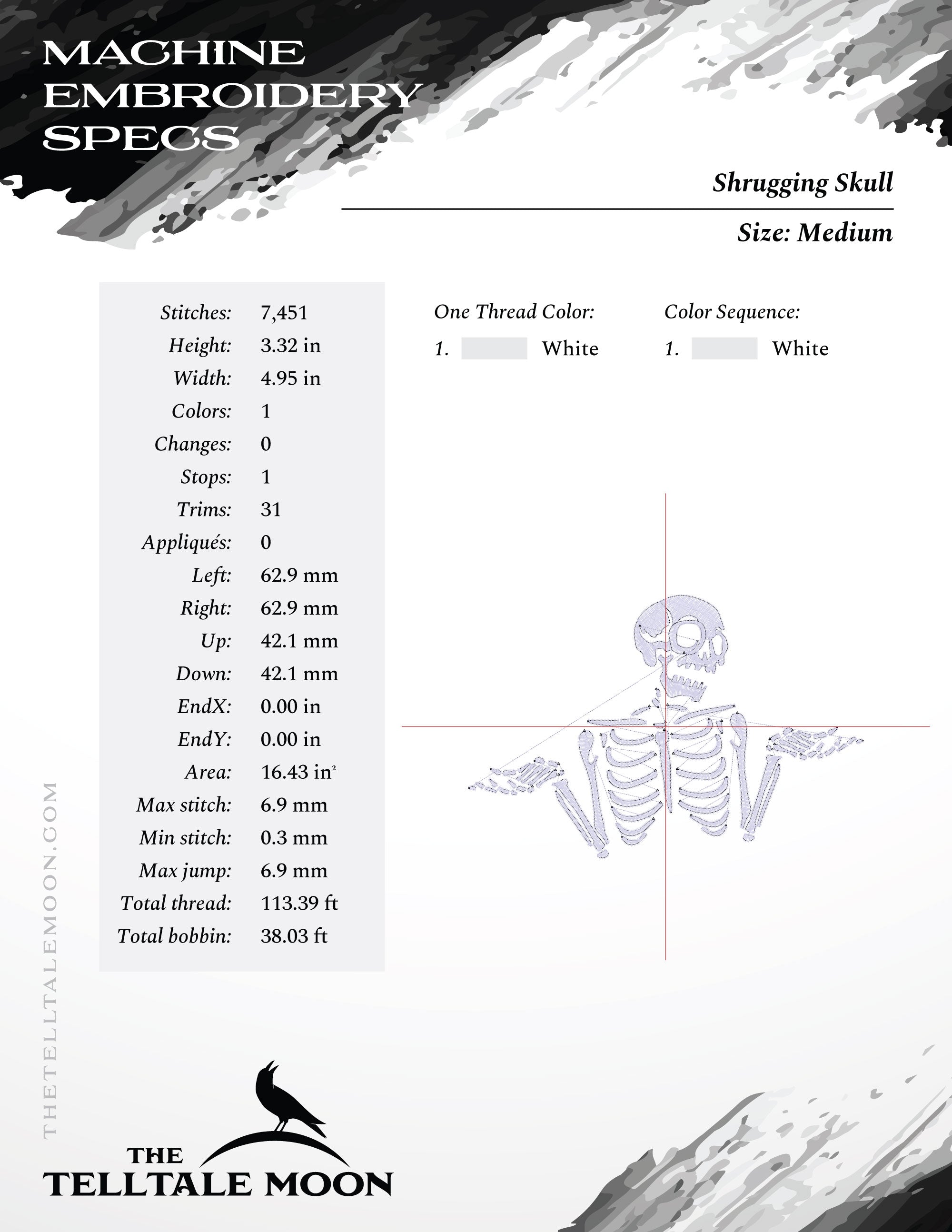 Embroidery Files: Shrugging Skull - 4, 5, and 6 Inches Wide