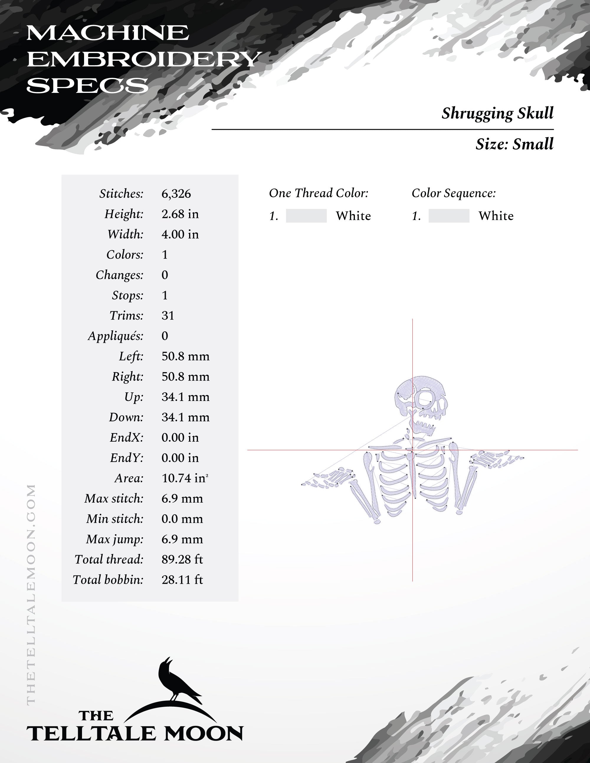 Embroidery Files: Shrugging Skull - 4, 5, and 6 Inches Wide