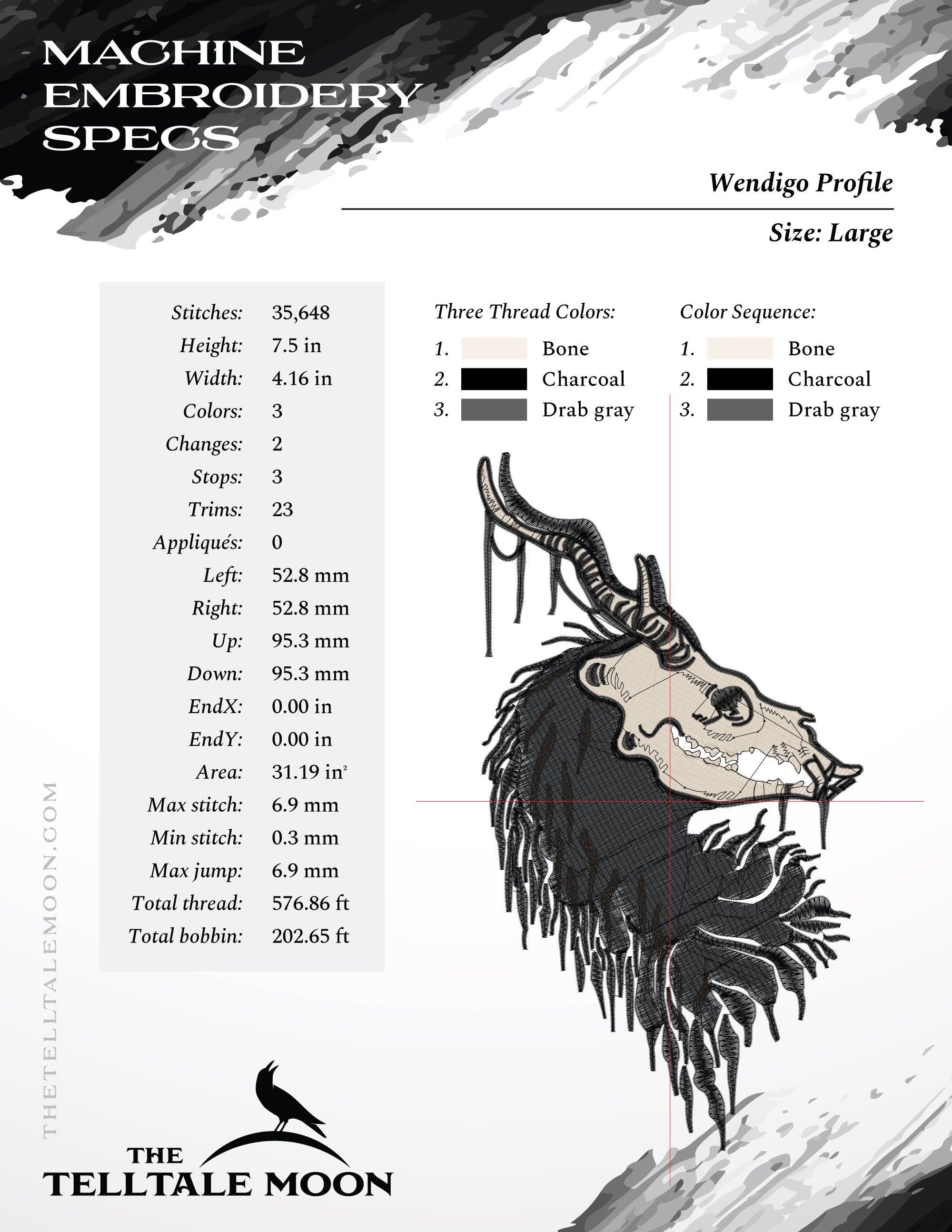 Machine Embroidery Files: Creepy Wendigo Skull Design (6.5 and 7.5 Inches Tall)