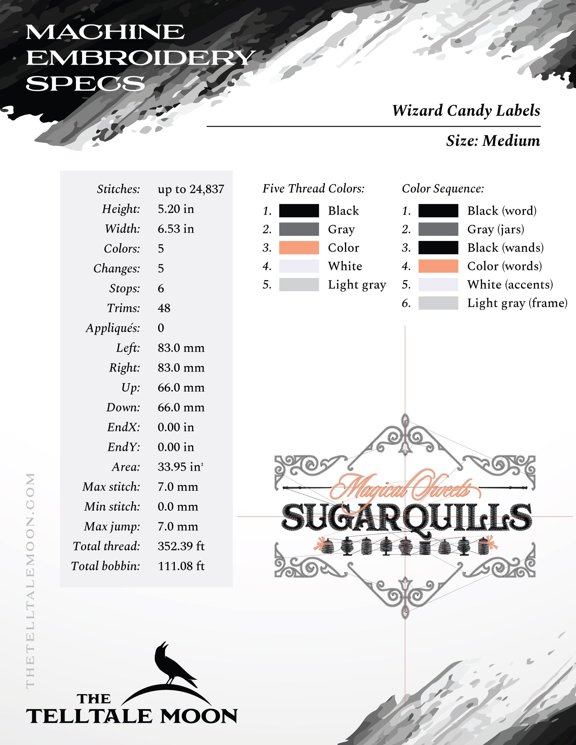 Machine Embroidery: Set of Six "Wizard Candy" Label-style Designs (6.5 and 7.5 Inches Wide, Five Thread Colors,)