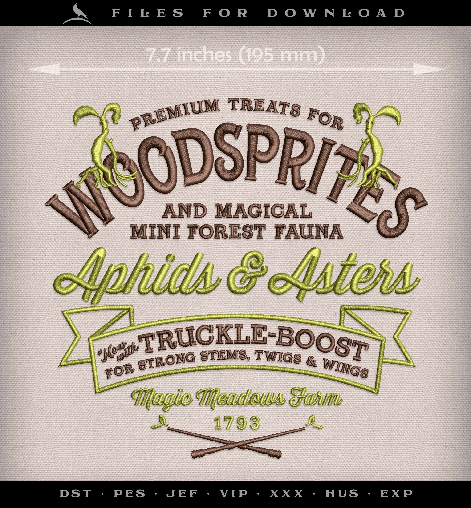 Embroidery: Magical Woodsprite Feedsack Design - 7.5 Inches Tall - Two Thread Colors - Several Formats