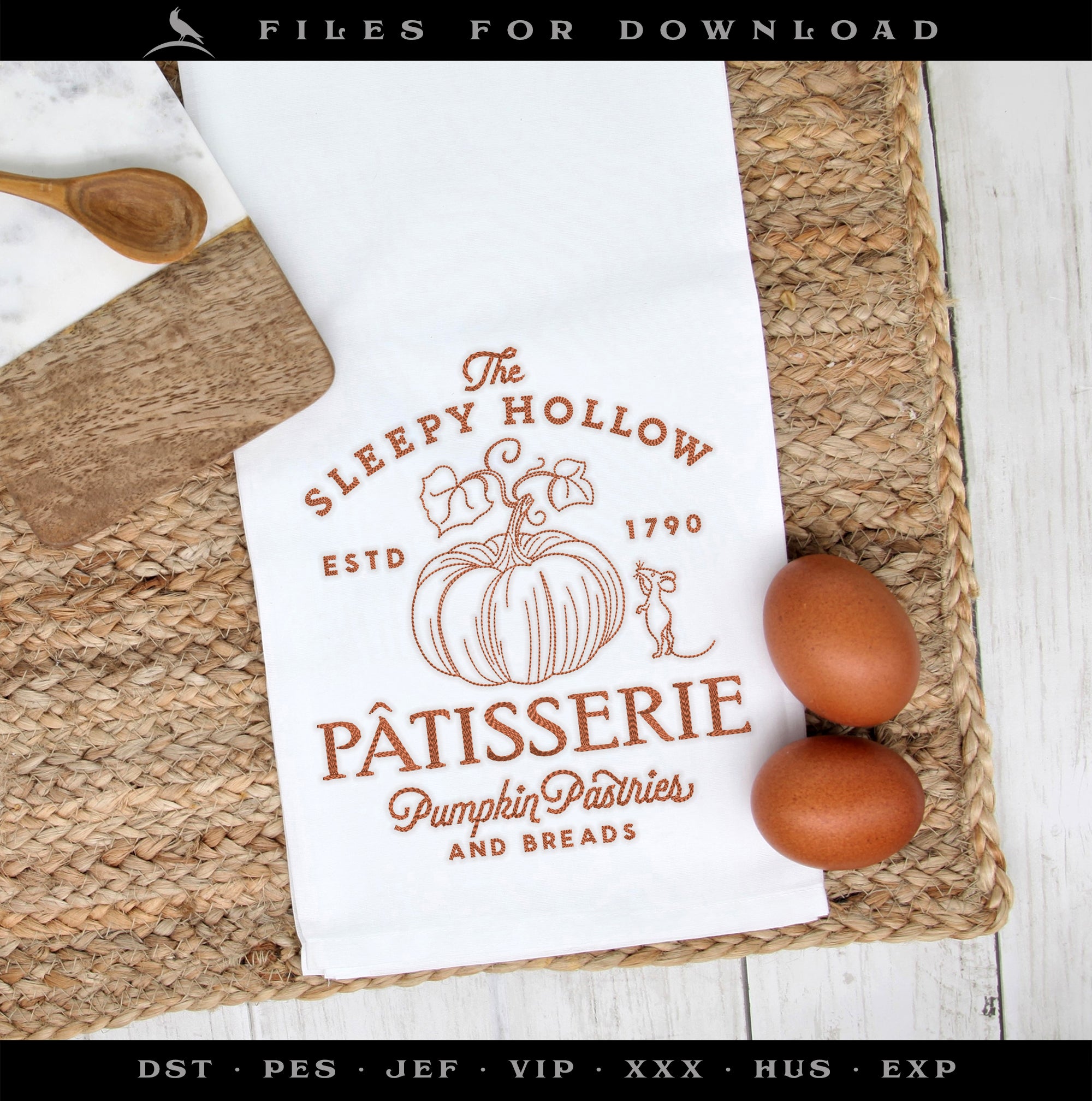 Machine Embroidery: Shabby Stitch "Sleepy Hollow Patisserie" Old Fashioned Label for Download (5.8 and 7.5 Inches Tall, One Color)