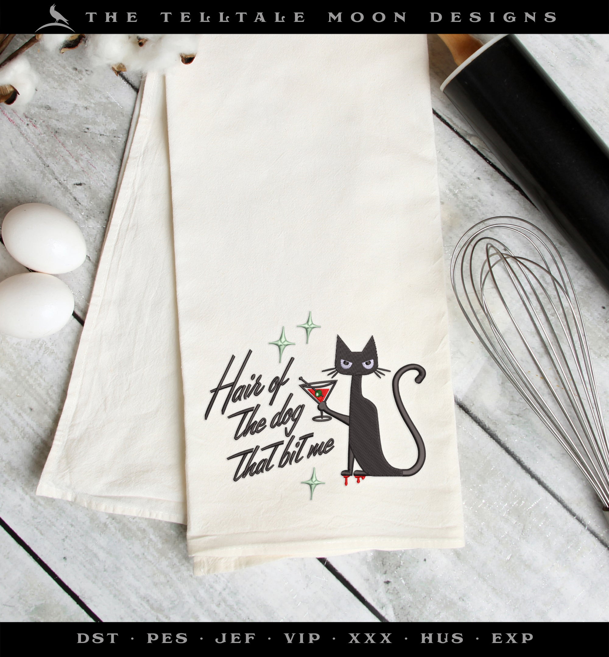 Embroidery Files: "Hair of the Dog" Kitty - 3.5, 4.5, 5.5, and 6.5 Inches Wide