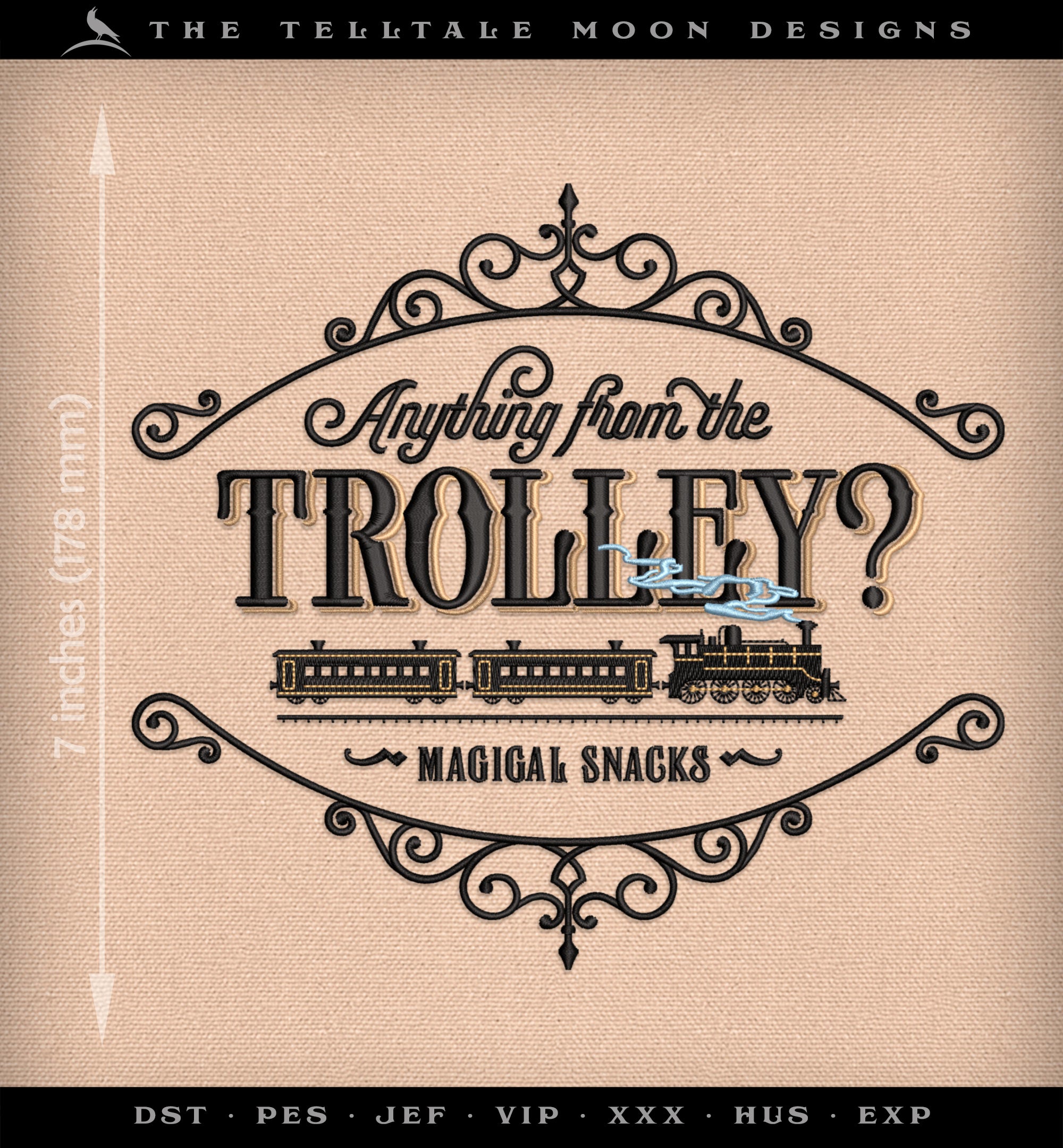 Machine Embroidery Files: "Magical Trolley Cart" Sign (Up to 7.8 Inches, 3 Thread Colors)