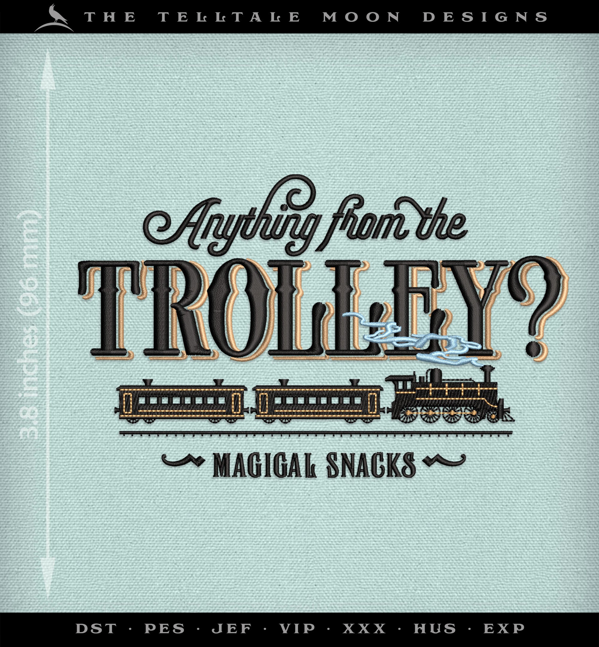 Machine Embroidery Files: "Magical Trolley Cart" Sign (Up to 7.8 Inches, 3 Thread Colors)