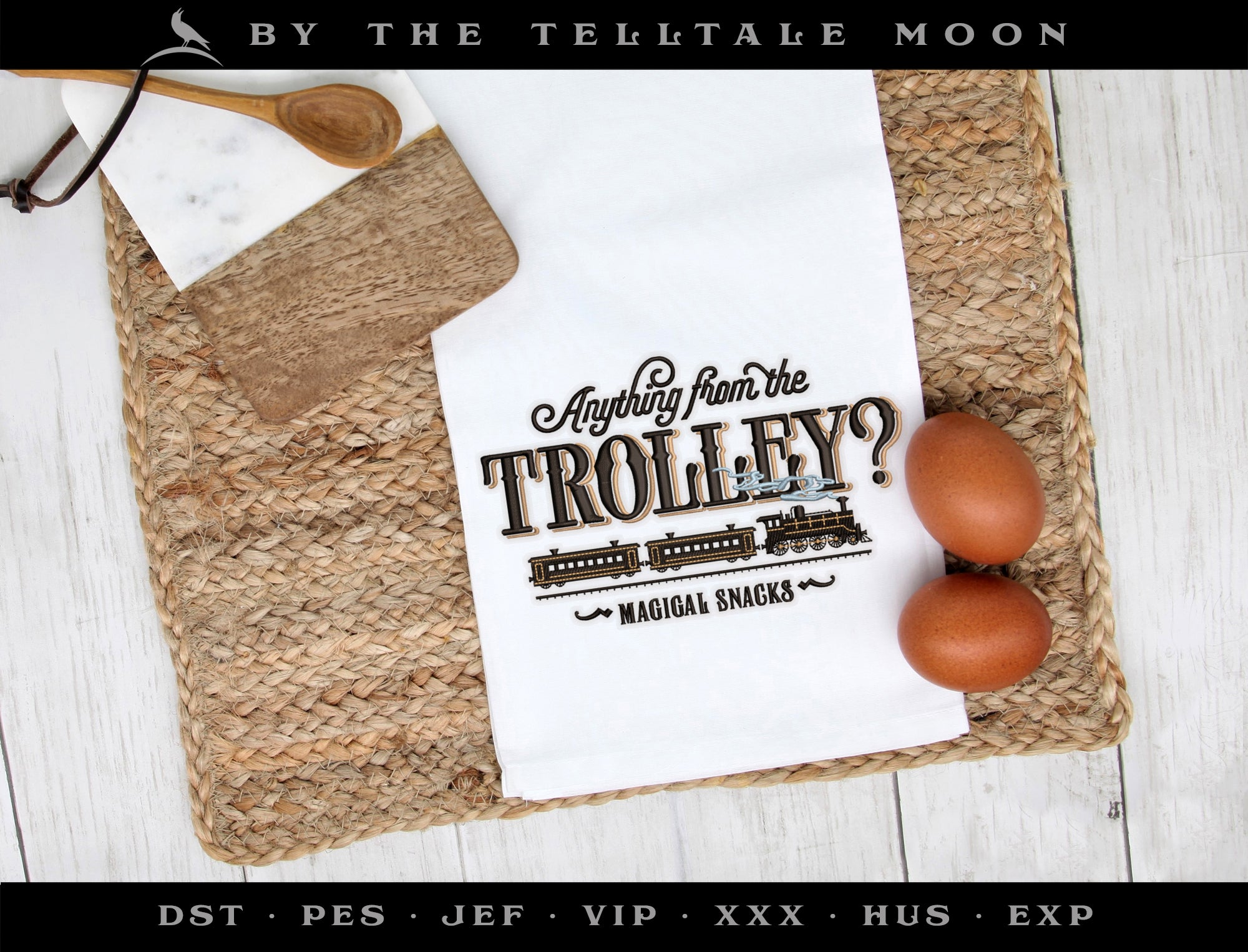 Machine Embroidery Files: "Magical Trolley Cart" Sign (Up to 7.8 Inches, 3 Thread Colors)