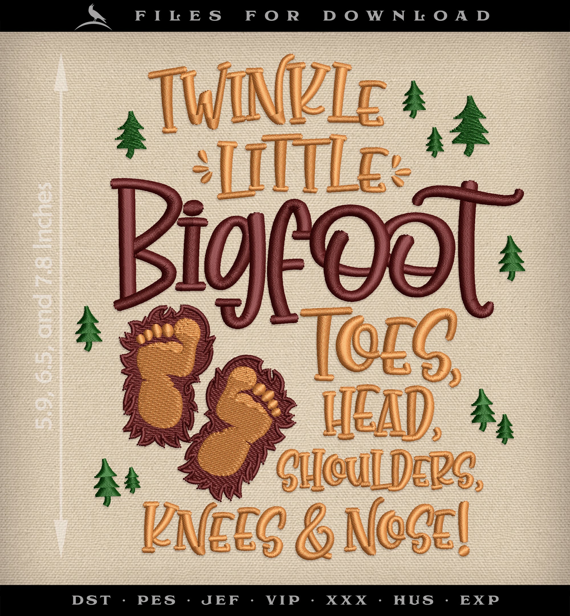 Embroidery: Sasquatch "Twinkle Bigfoot Toes" - Three Sizes 6, 6.5, and 7.75 Inches - Three Thread Colors