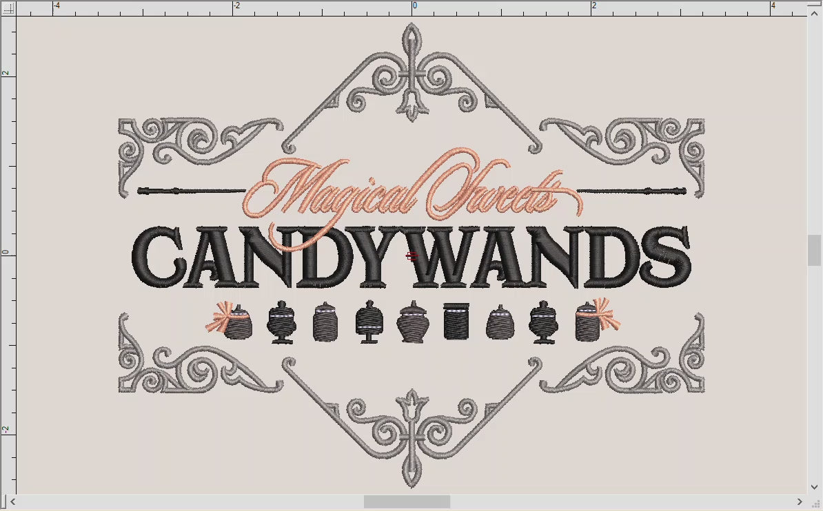 Machine Embroidery: Set of Six "Wizard Candy" Label-style Designs (6.5 and 7.5 Inches Wide, Five Thread Colors,)