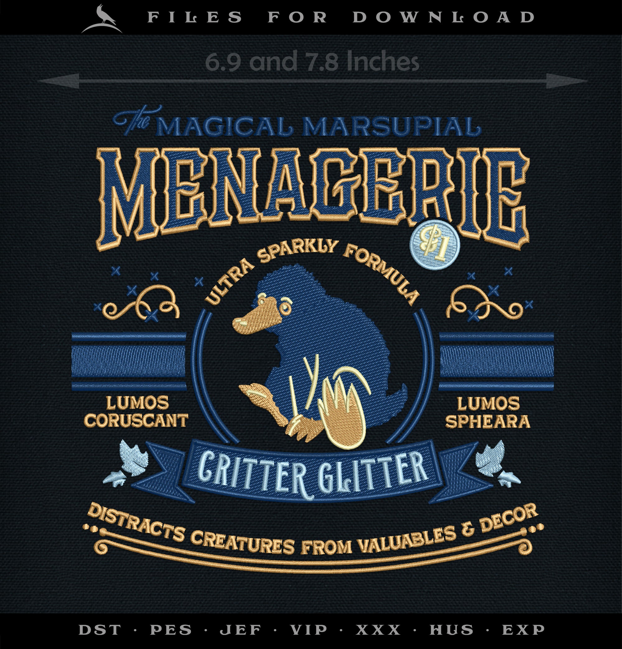 Machine Embroidery Files: "Magical Marsupial Critter Glitter" Magical Theme (6.9 & 7.8 Inches)